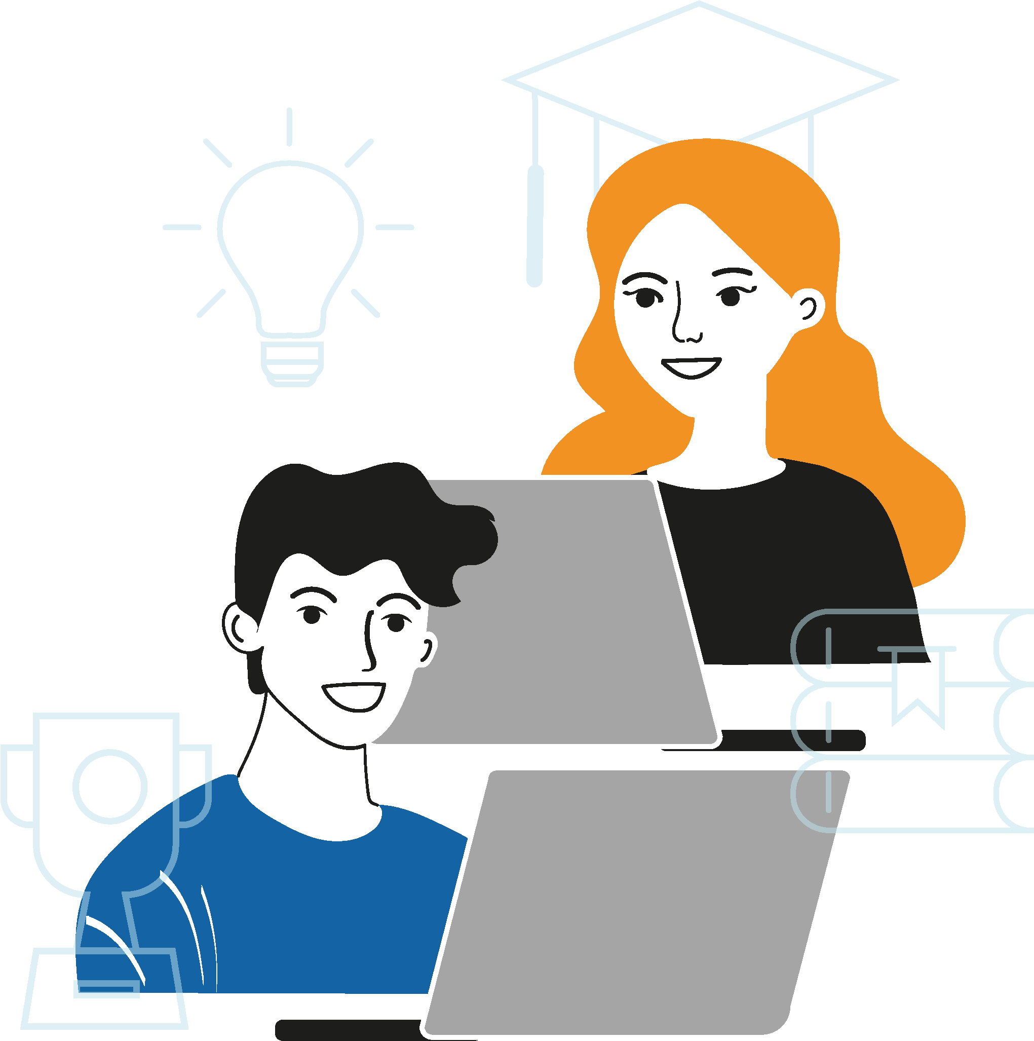 Zwei Student:innen arbeiten an Laptops, umgeben von virtuellen Symbolen für Bildung und Karriere, wie Bücher, Doktorhut und Pokal