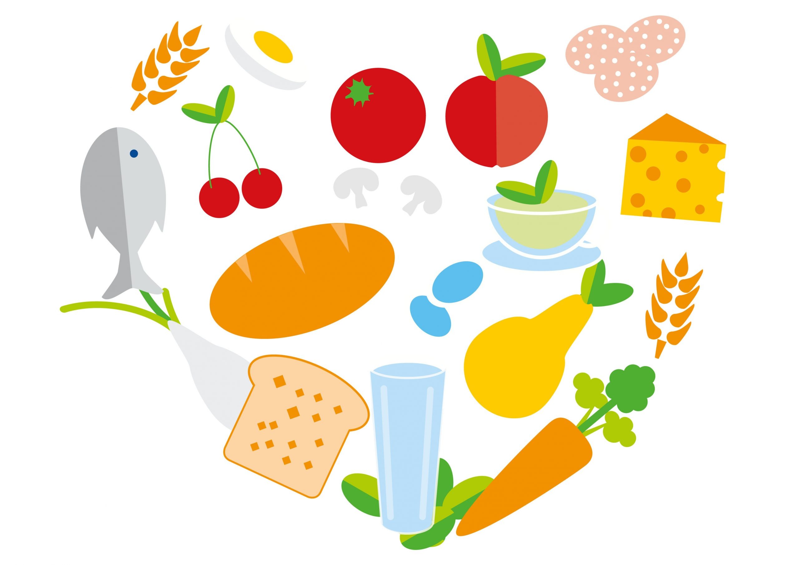 Editorial Illustration | Schulgesundheit & Prävention,10 Regeln der Deutschen Gesellschaft für Ernährung: In Herzform angeordnete vielfältige Lebensmittel