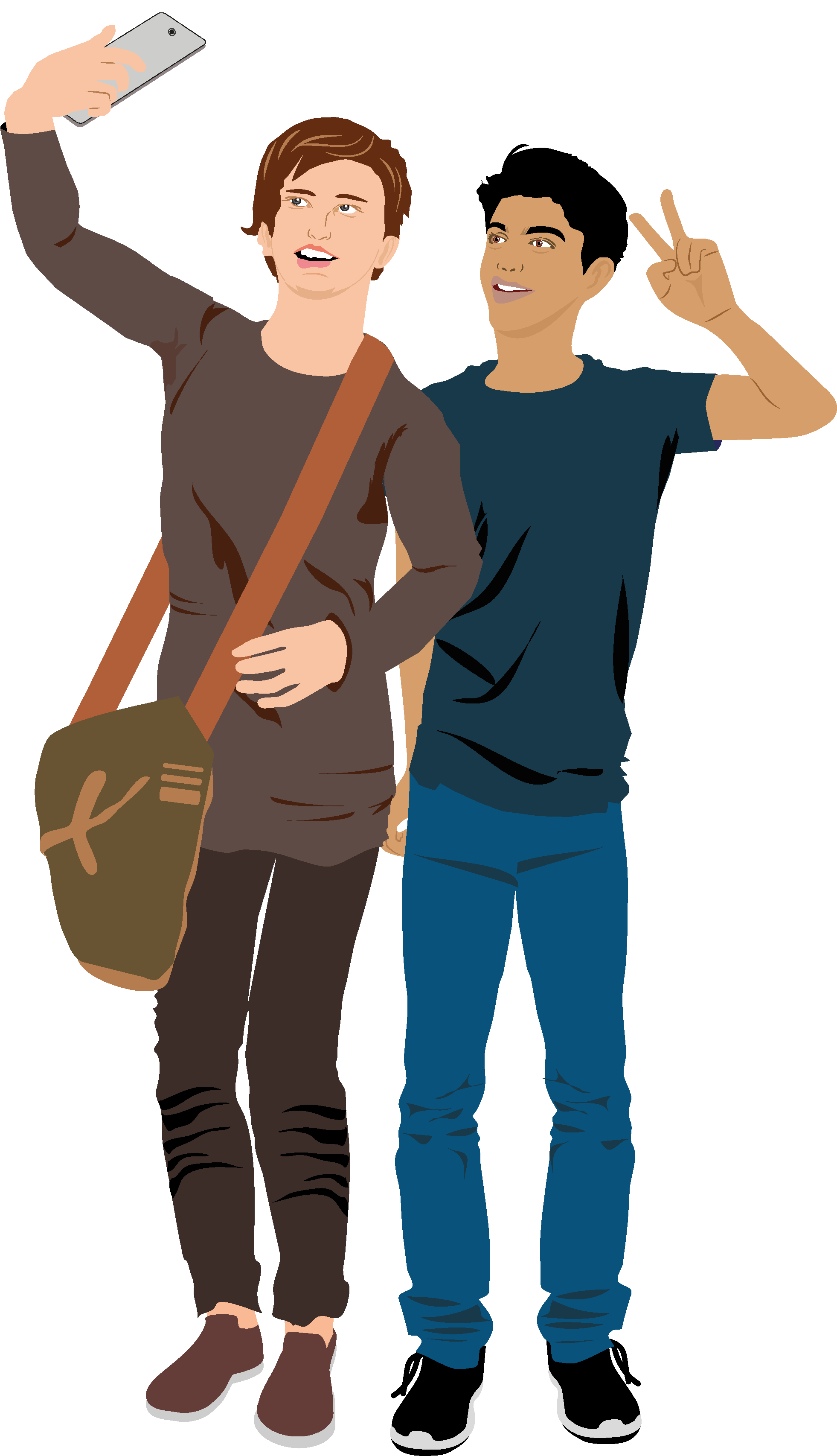 Zwei Jugendliche posen vor ihrer hoch gehaltenen Handy-Kamera mit dem Peace-Handzeichen für ein gemeinsames Fotoshooting