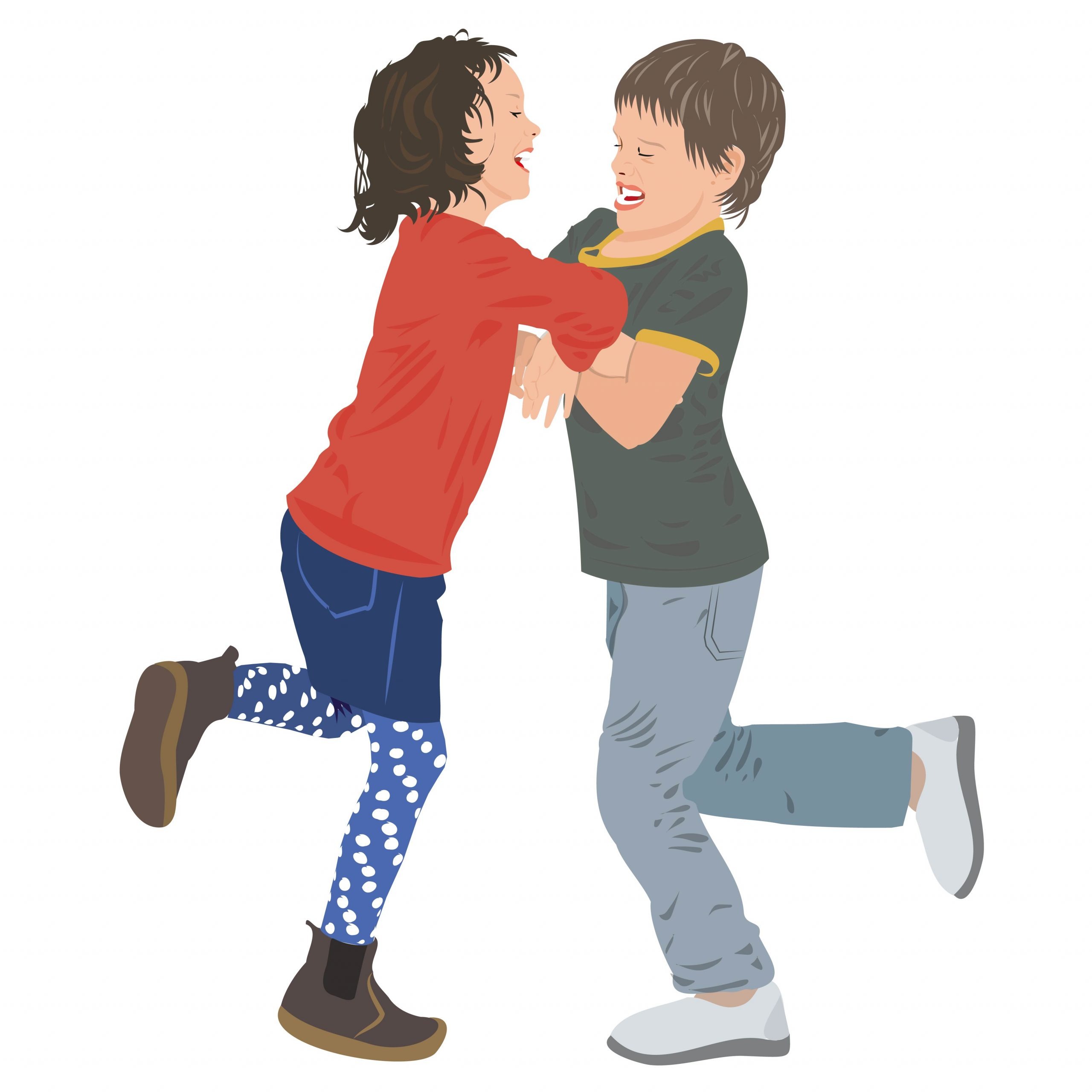 In der Bewegungspause halten ein Mädchen und ein Junge ihre Arme und Hände in Brusthöhe verschränkt und versuchen, auf nur einem Bein stehend die/den andere/n durch kräftiges Schubsen aus dem Gleichgewicht zu bringen, ohne ihr eigenes dabei zu verlieren.