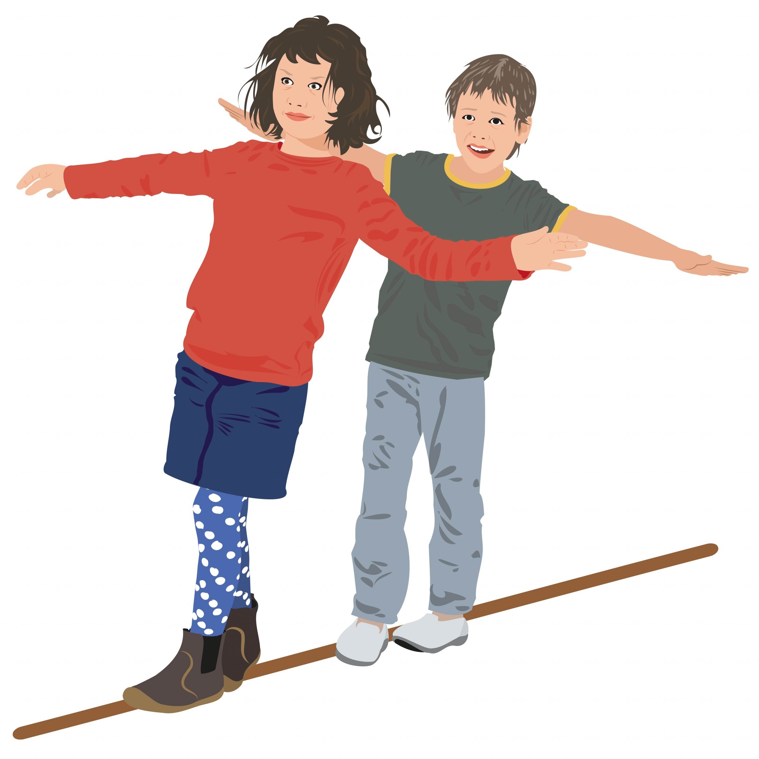 In der Bewegungspause balancieren ein Mädchen und ein Junge hintereinanderstehend und mit ausgebreiteten Armen auf einem schmalen Brett.