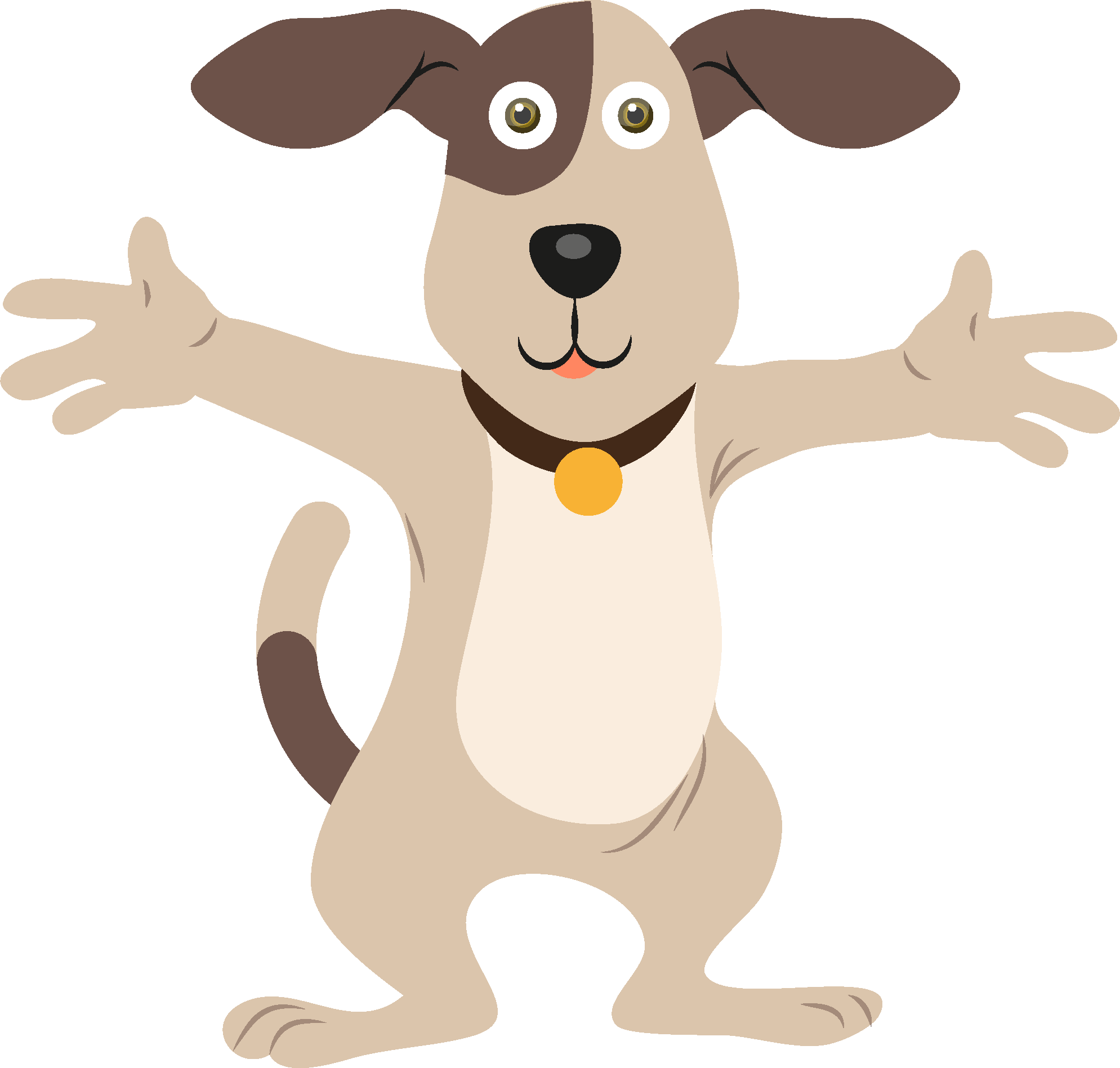 Charaktere und Figuren | Characterdesign, Tiermaskottchen: Ein freundlicher beige-brauner Hund mit abstehenden Schlappohren und markanter dunkelbrauner Fellzeichnung rund ums linke Auge, steht auf den Hinterbein-Pfoten und breitet einladend die Vorderbeine und -pfoten aus.