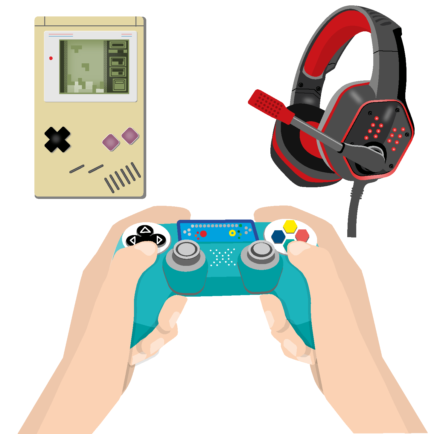 Medienillustrationen einer historischen Spielkonsole mit Retrospiel, eines Gaming-Headsets und eines Controllers: © Peter Weber Illustration
