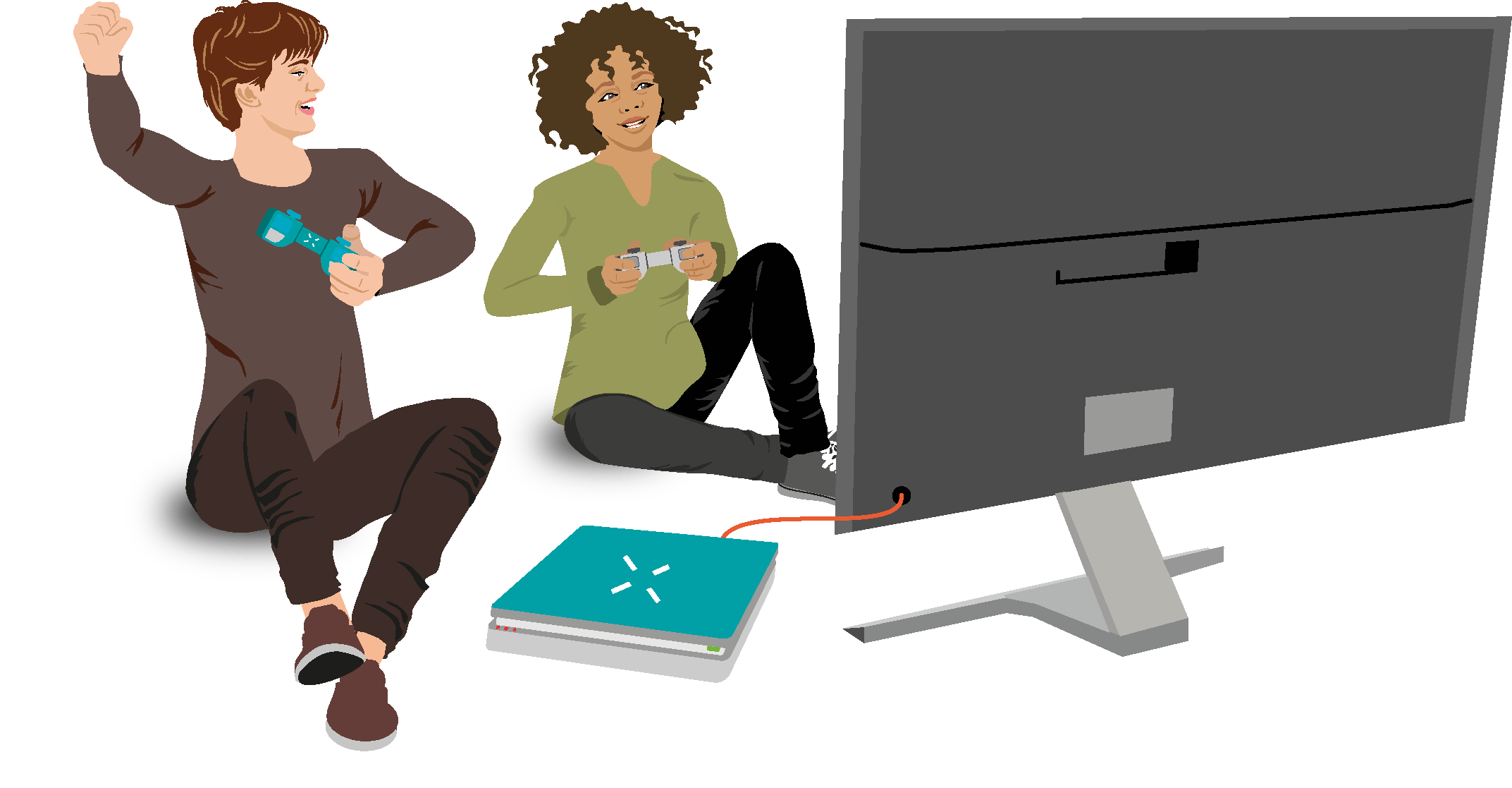 Lernmedien Illustration Sekundarstufe 2 | Digitale Spiele: Zwei Jugendliche sitzen mit Controllern in der Hand am Boden und haben Spaß am gemeinsamen Spiel an einer Spielkonsole