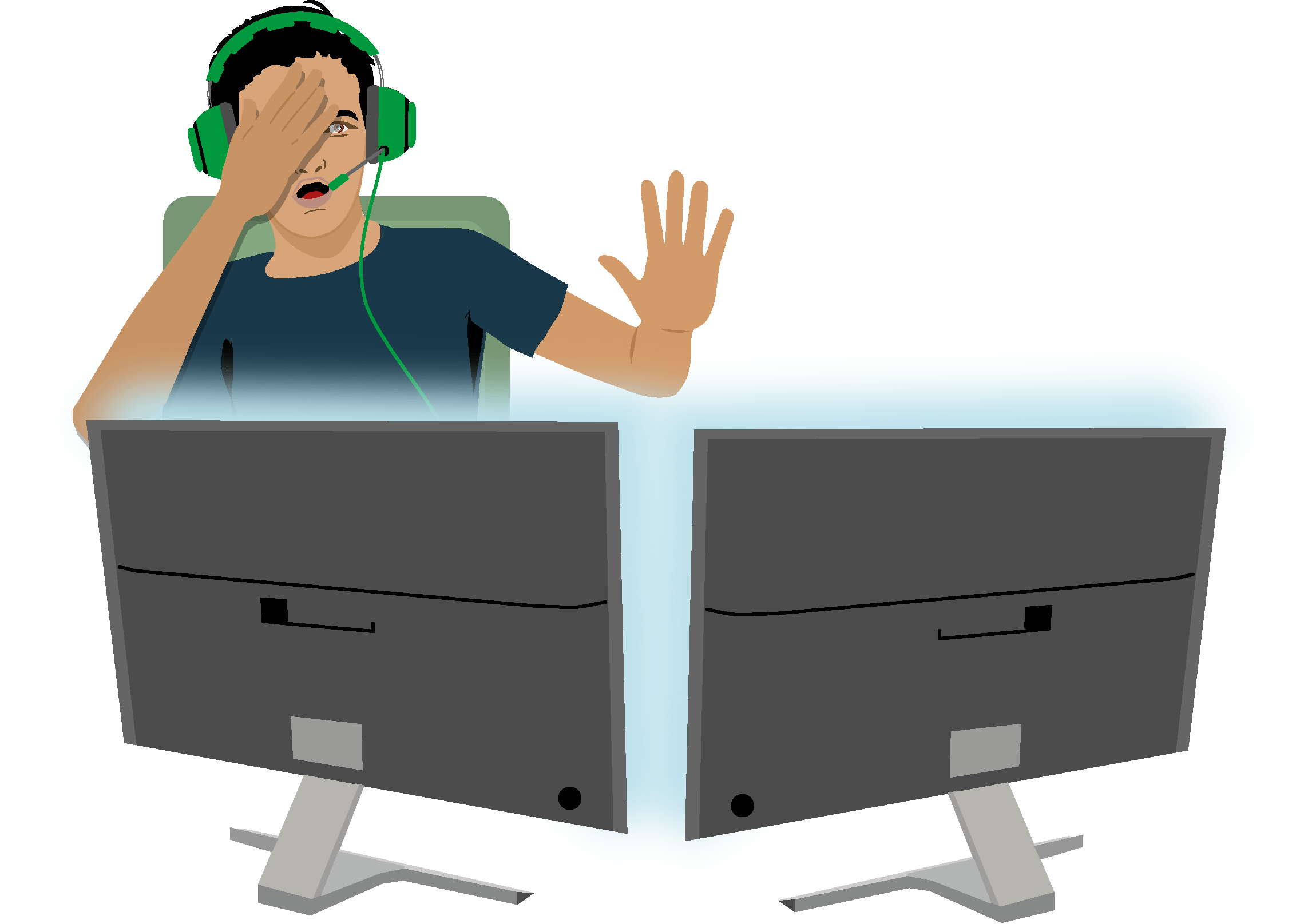 Ein Jugendlicher mit Gaming-Headset ist im Spiel am PC vertieft, erschreckt sich vor dem Bildschirminhalt und hält sich eine Hand vor Augen.