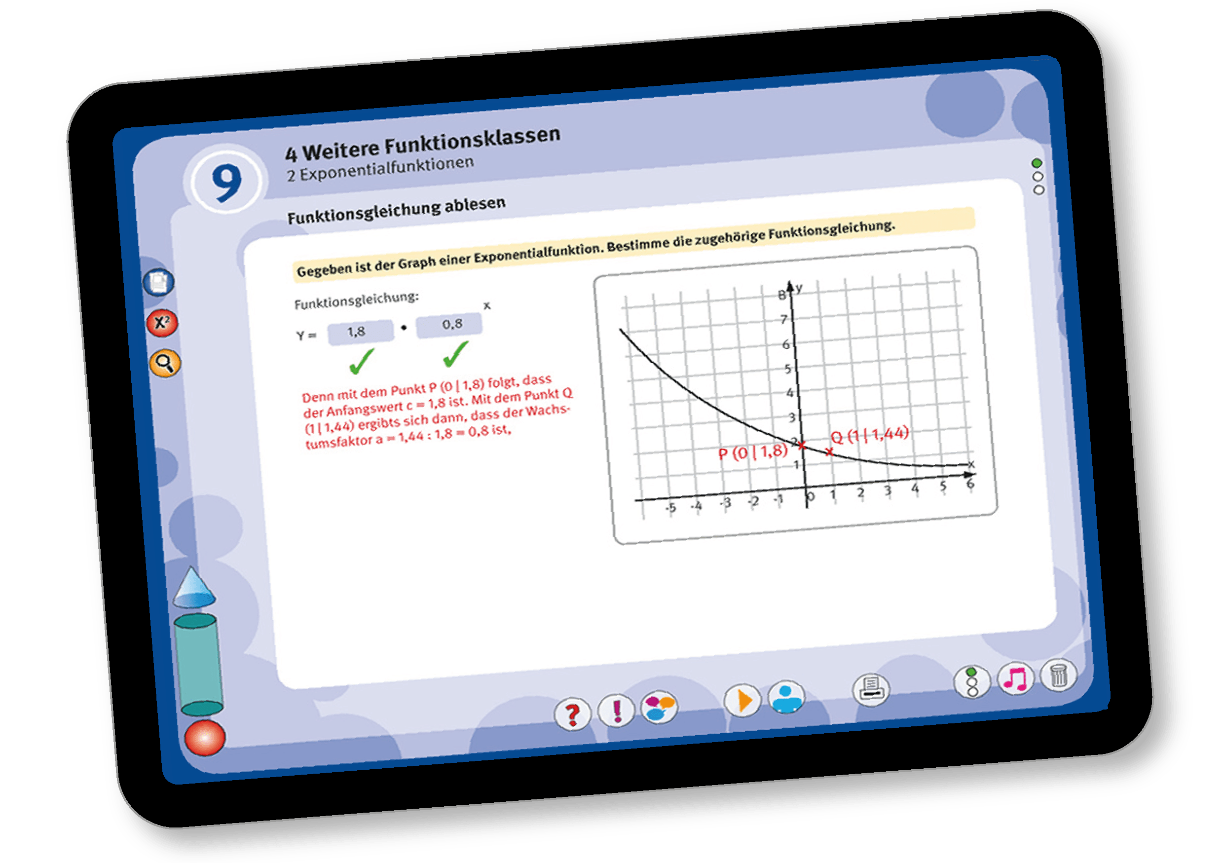Editorial Illustration | Digitale Lernmittel: Tabletdisplay mit digitalem Mathe-Schulbuch und einer Aufgabe aus dem Bereich Funktionsgleichungen.