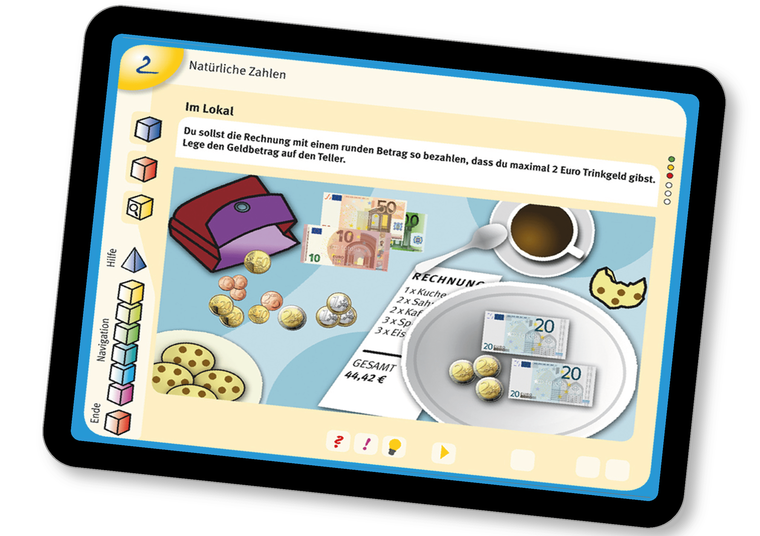 Editorial Illustration | Digitale Lernmittel: Tabletdisplay mit digitalem Mathe-Schulbuch und einer Aufgabe aus dem Bereich Natürliche Zahlen.