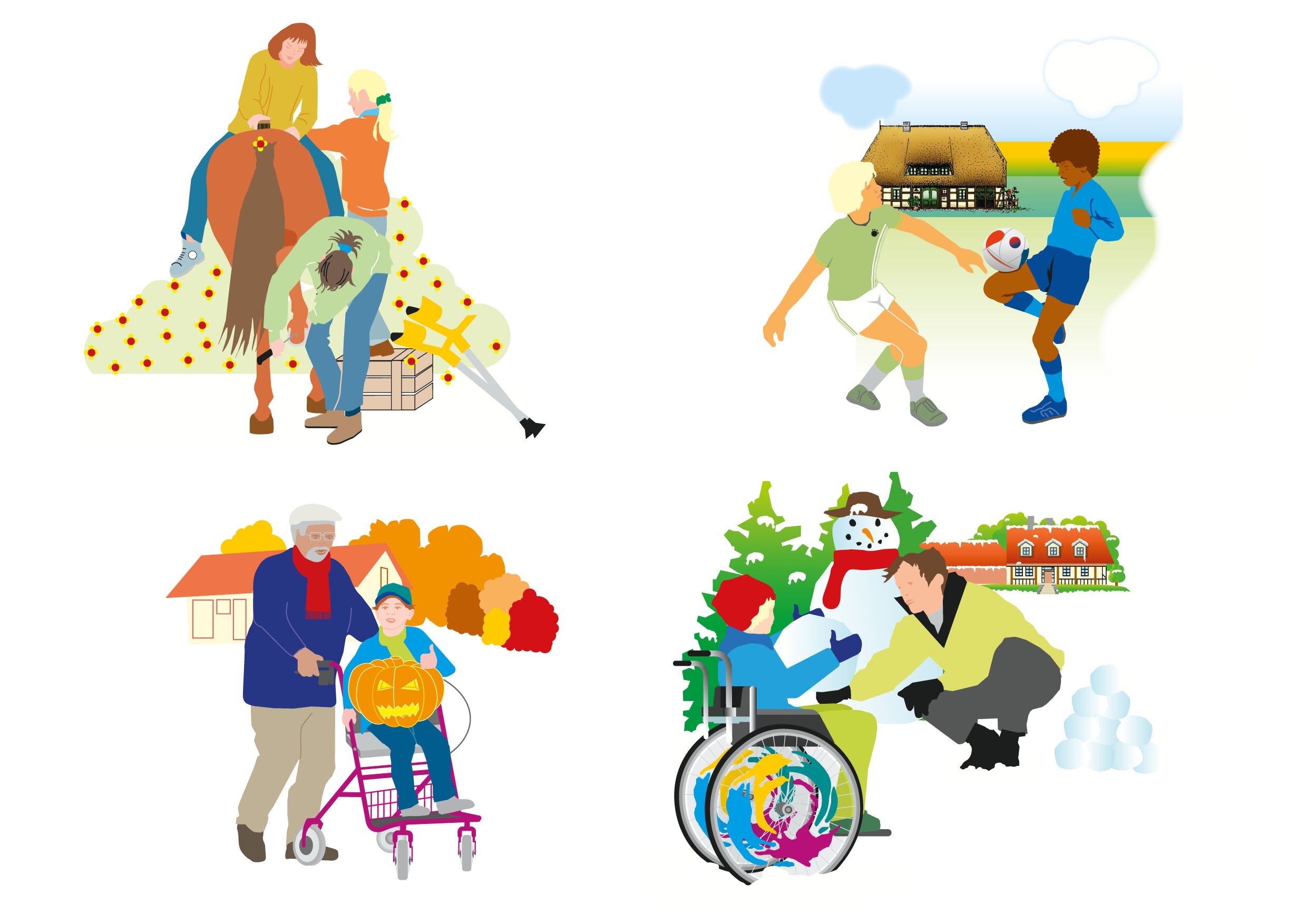 Editorial Illustration | Inklusion: Vier Illustrationen rund um das Thema eines barrierefreien Landurlaubs und Bauernhofferien für Kinder und Jugendliche.