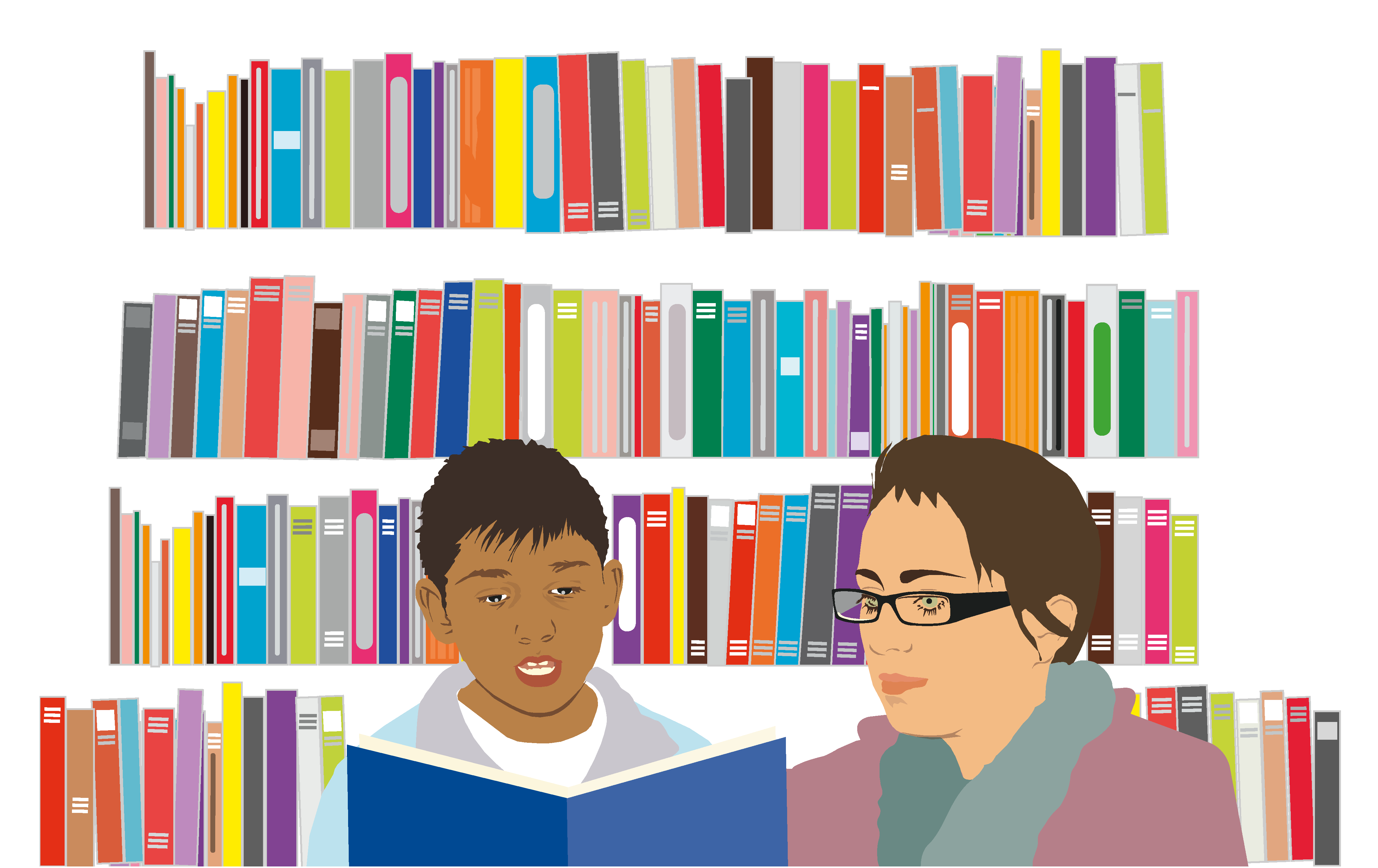 Editorial Illustration | Inklusion: Vor dem Hintergrund von einem gut gefüllten Bücherregal liest ein motivierter Grundschüler der geduldigen Lesementorin einen Text vor.