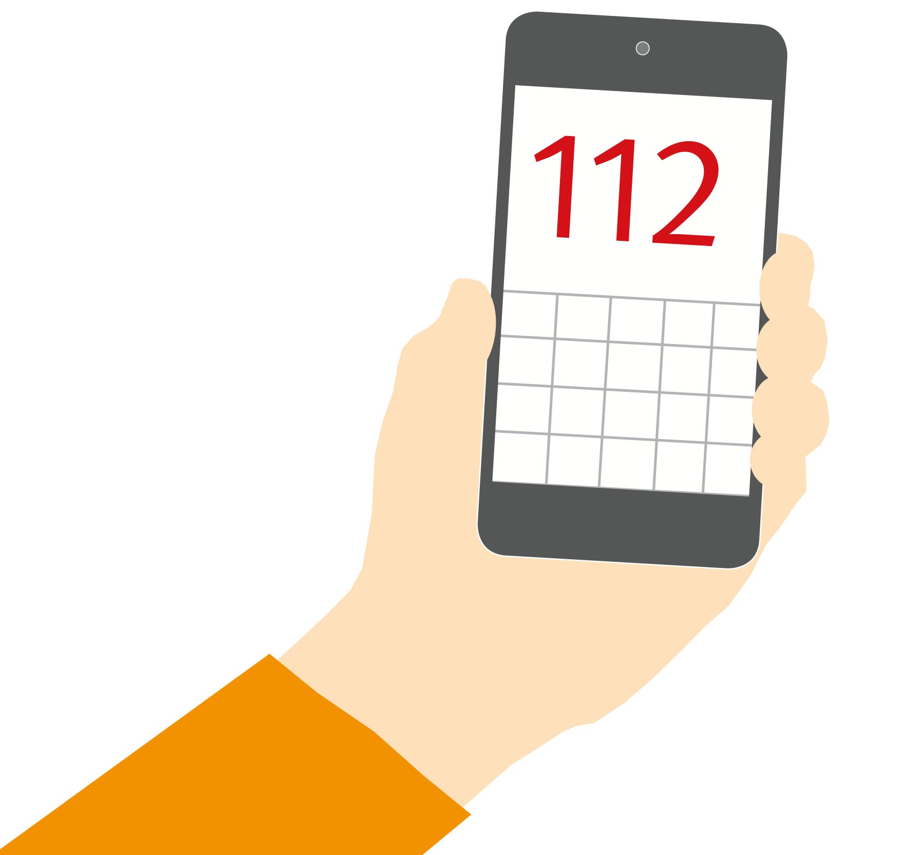 Ein Smartphone in der Hand, auf dem Display steht in großen Ziffern die europaweite Notrufnummer 112