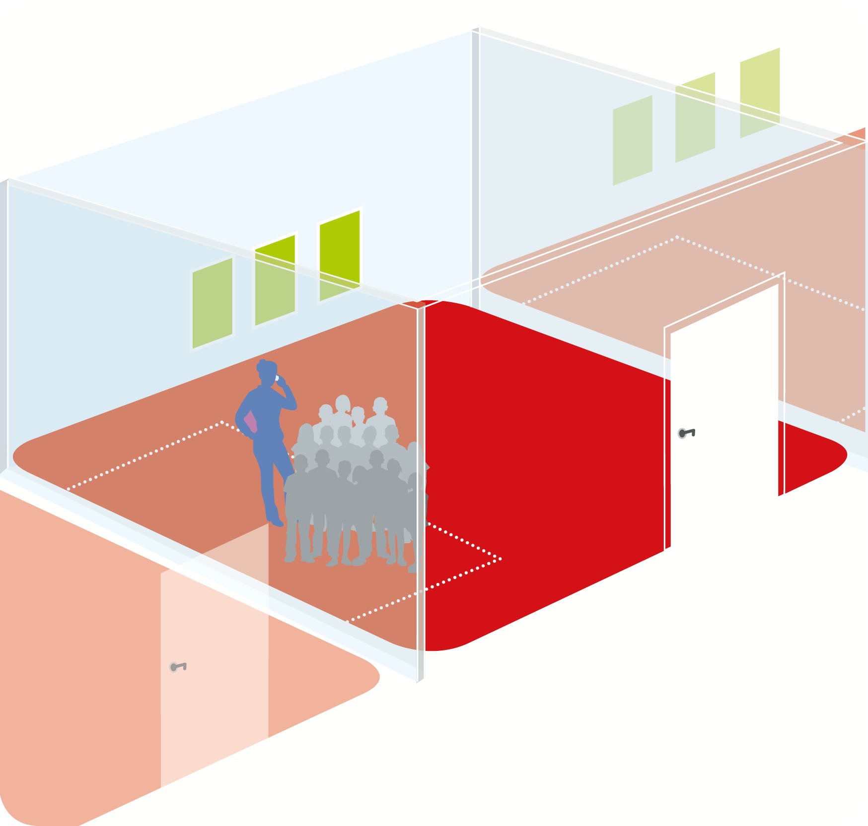 Die Klassenraumgrafik skizziert den Bereich, der die beste Schutzzone im geschlossenen Raum im Fall eines Amoklaufs bietet - abseits womöglicher Schussachsen
