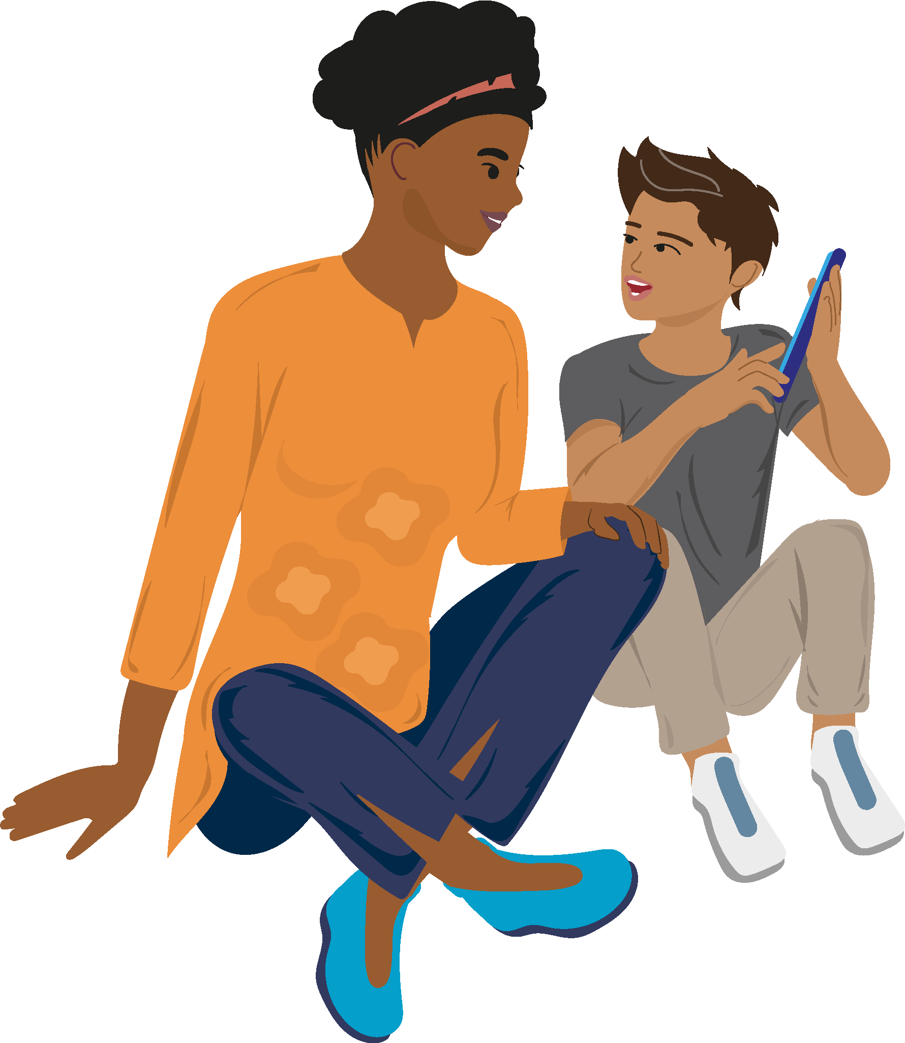 Lernmedien Illustration | Weiterbildung, Elternarbeit: Mutter und ca. 10-jähriger Sohn sitzen zusammen und unterhalten sich über Inhalte auf einem Smartphone.