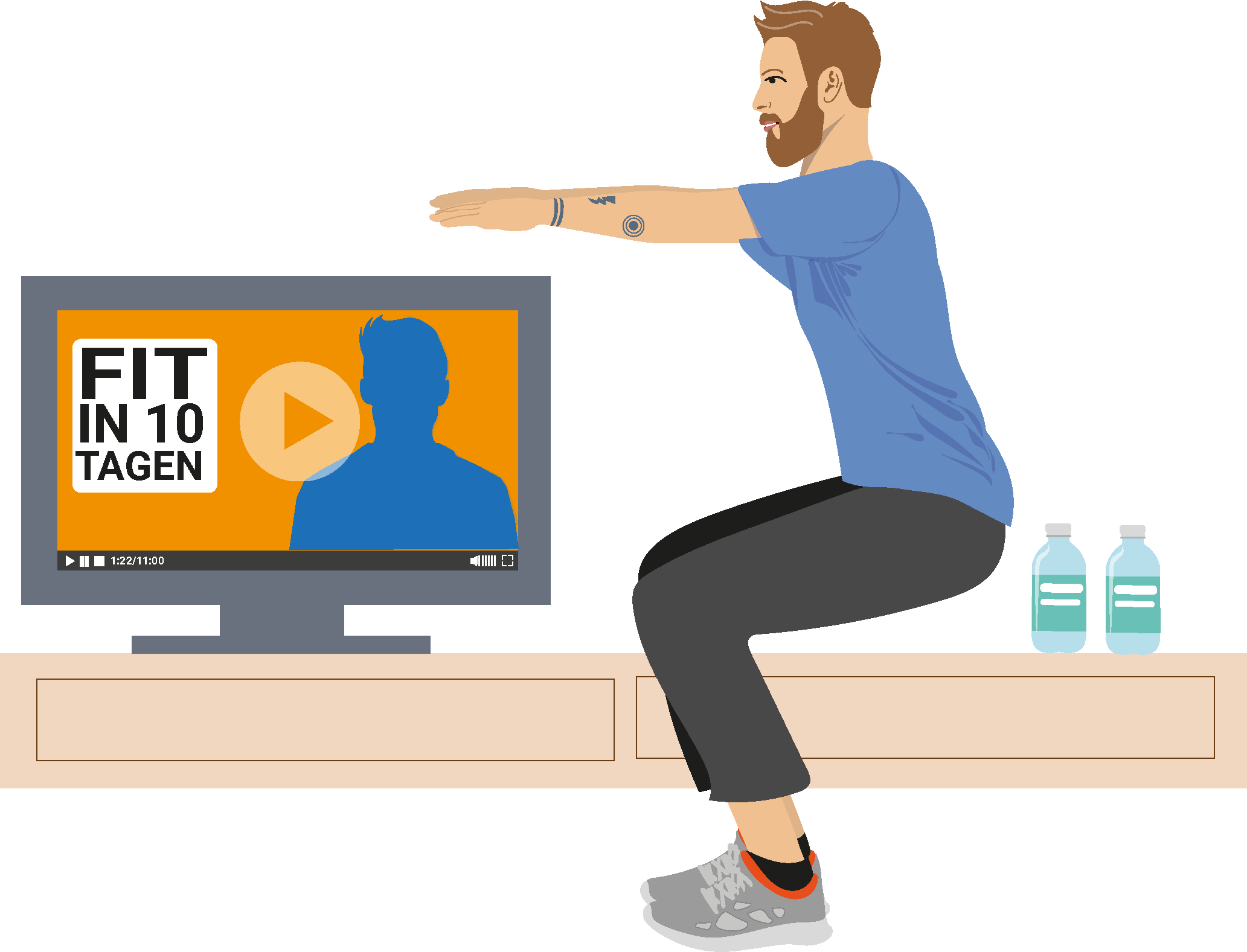 Lernmedien Illustration | Weiterbildung, Elternarbeit: Vater absolviert ein Workout nach Traningstipps in einem Fitness-Video.