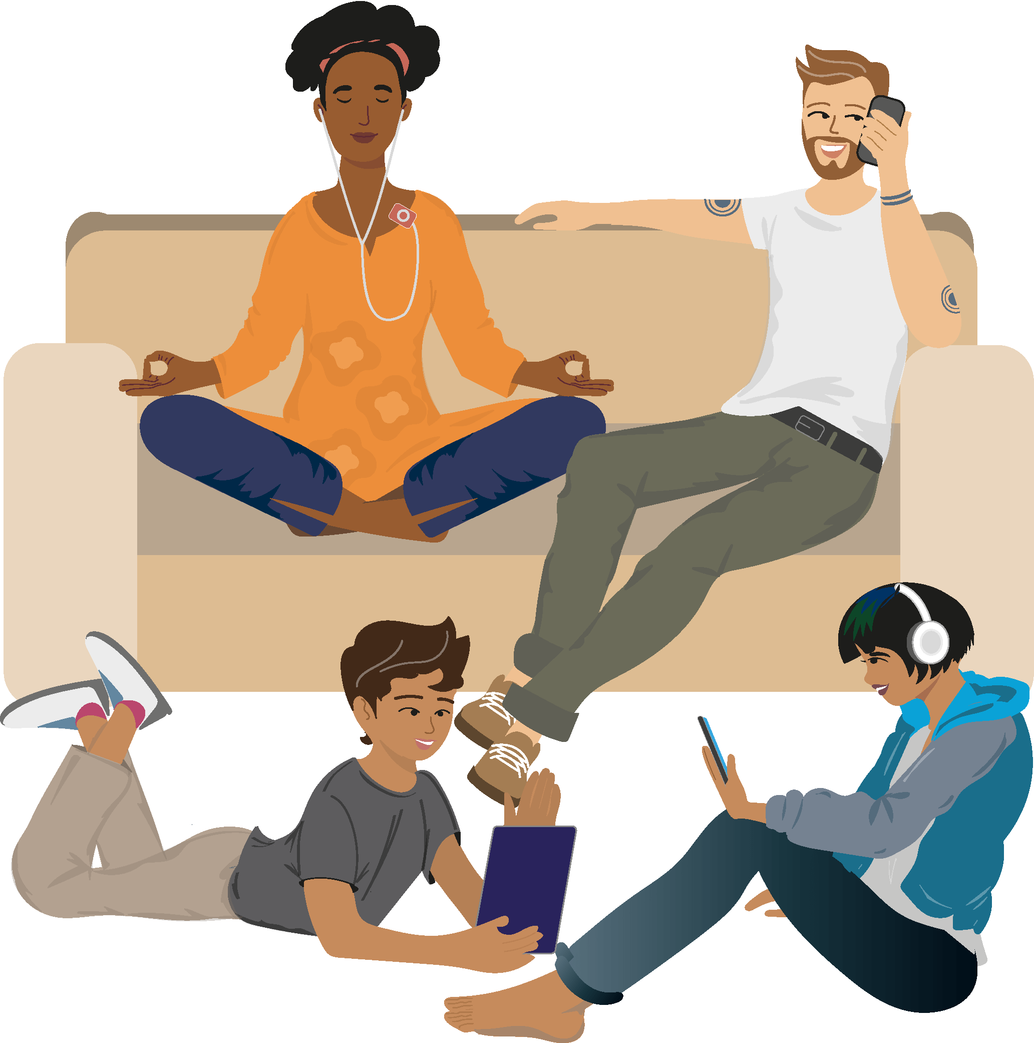 Illustration für Lernmedien aller Bildungsbereiche: Das Elternpaar einer interkulturellen Familie sitzt auf einem Sofa, die ca. 15-jährige Tochter und der ca. 12-jähriger Sohn auf dem Boden davor und alle sind mit der Nutzung unterschiedlicher Medien beschäftigt.