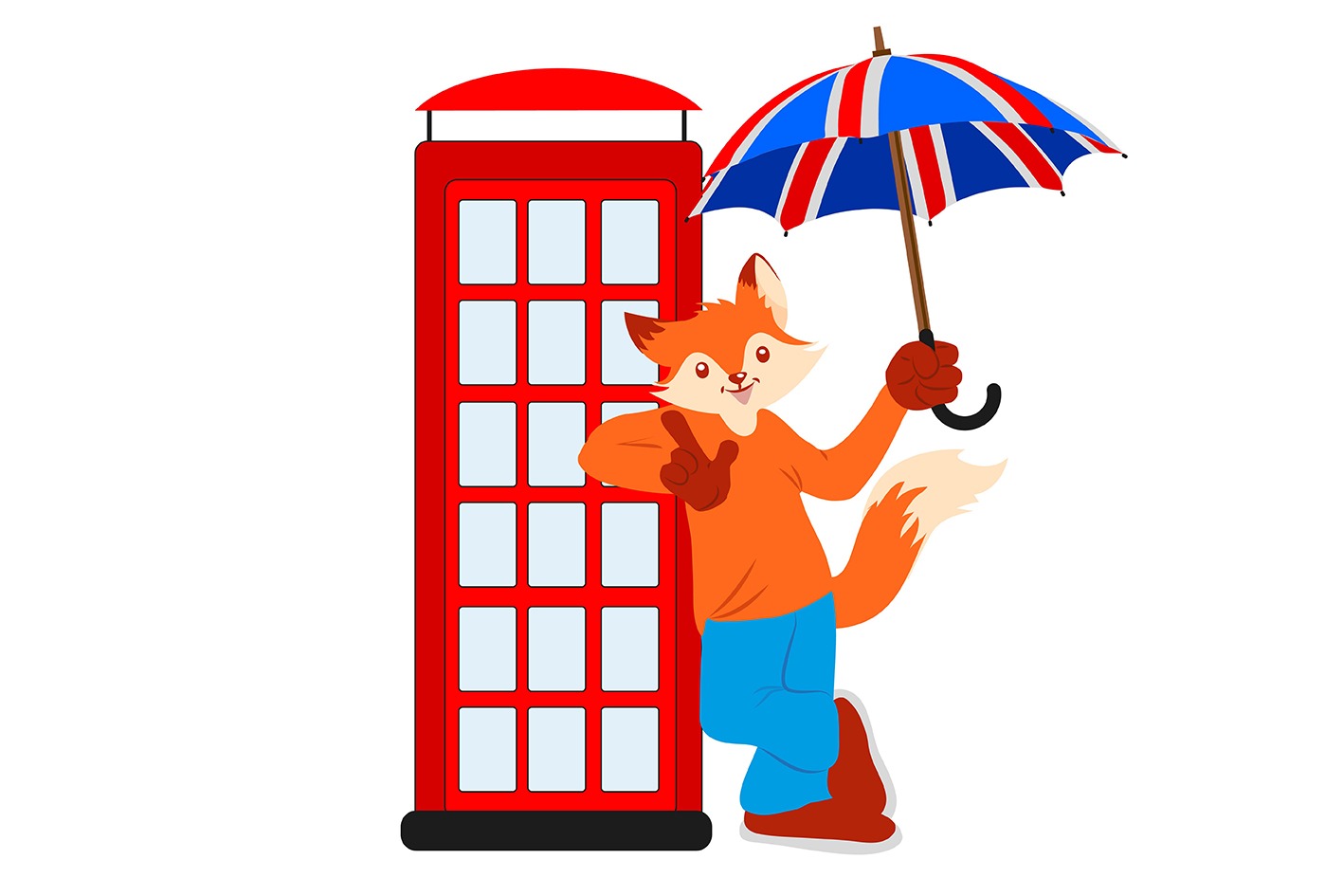 Illustration eines Englisch-Fuchs-Tiercharakters, der mit einem Regenschirm in englischen Nationalfarben und einer Sprechblase "In English, please!" an einer englischen Telefonzelle lehnt.
