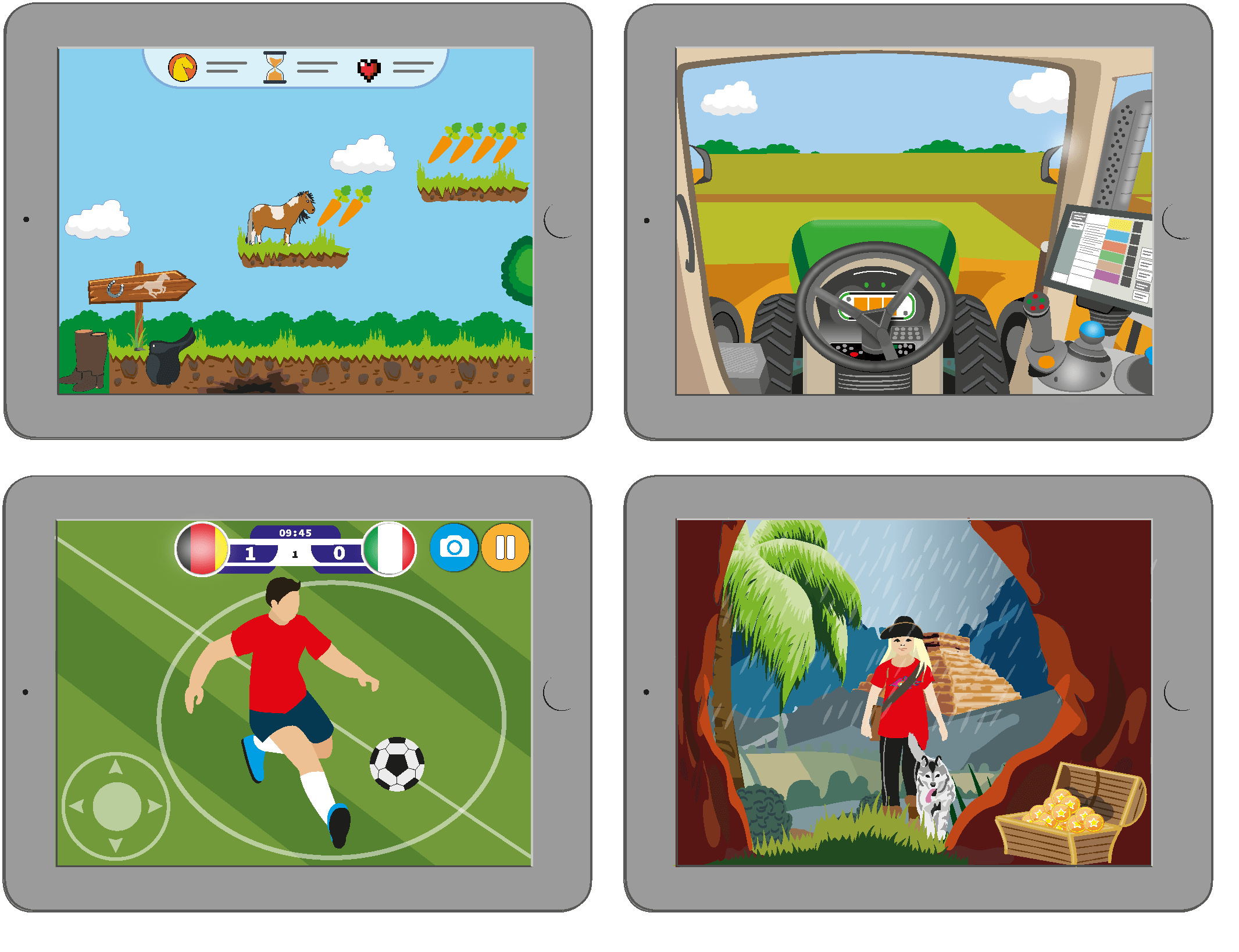 Lernmedien Illustration Sekundarstufe 2 | Digitale Spiele: Sammlung fiktiver Bildschirminhalte der vier Onlinegame-Genres jump´n´run-Spiel, Simulationsspiel, Sportspiel und Adventure-Spiel