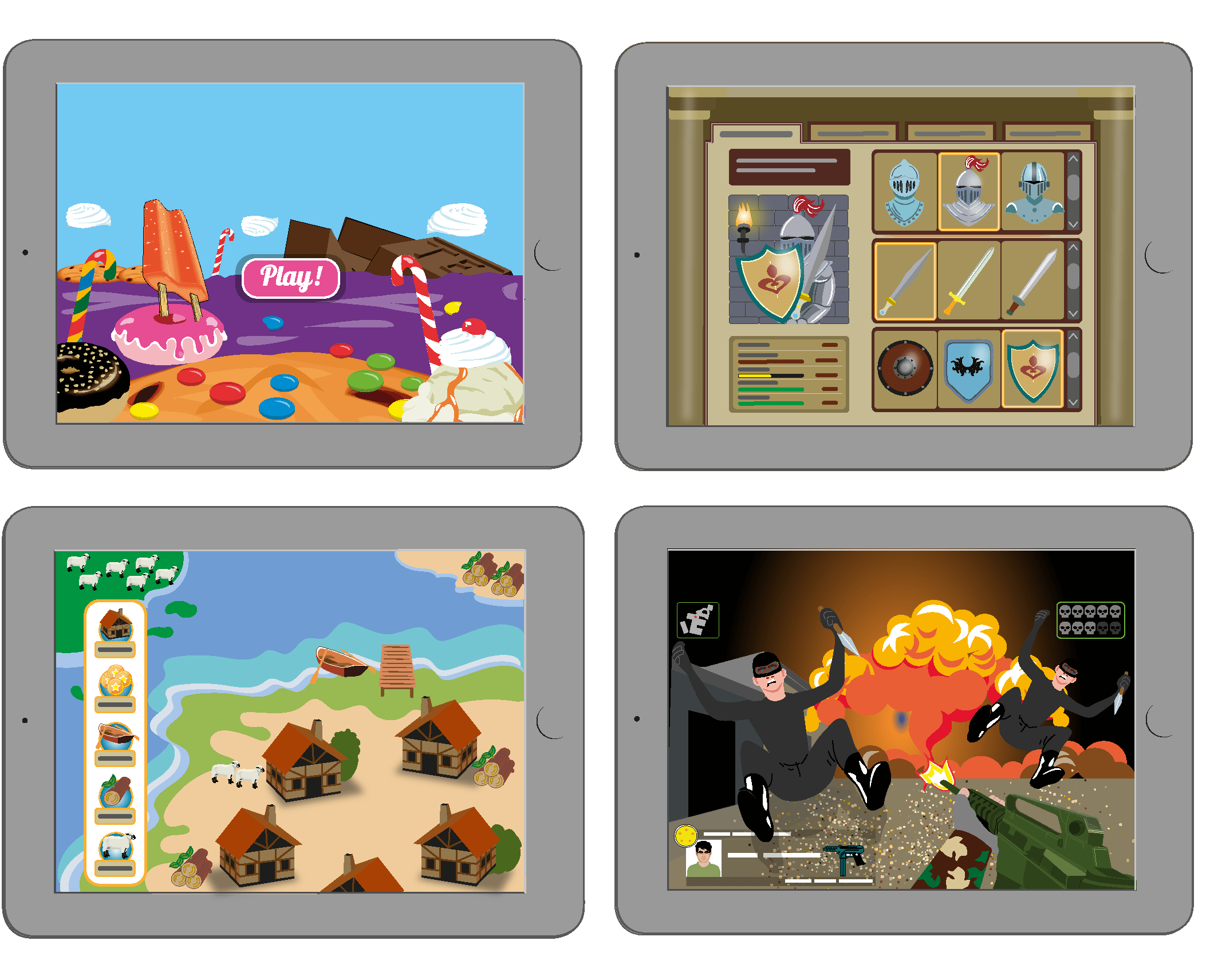 Sammlung fiktiver Bildschirminhalte der vier Onlinegame-Genres Puzzle-Spiel, Rollenspiel, Strategiespiel und Egoshooter-Spiel