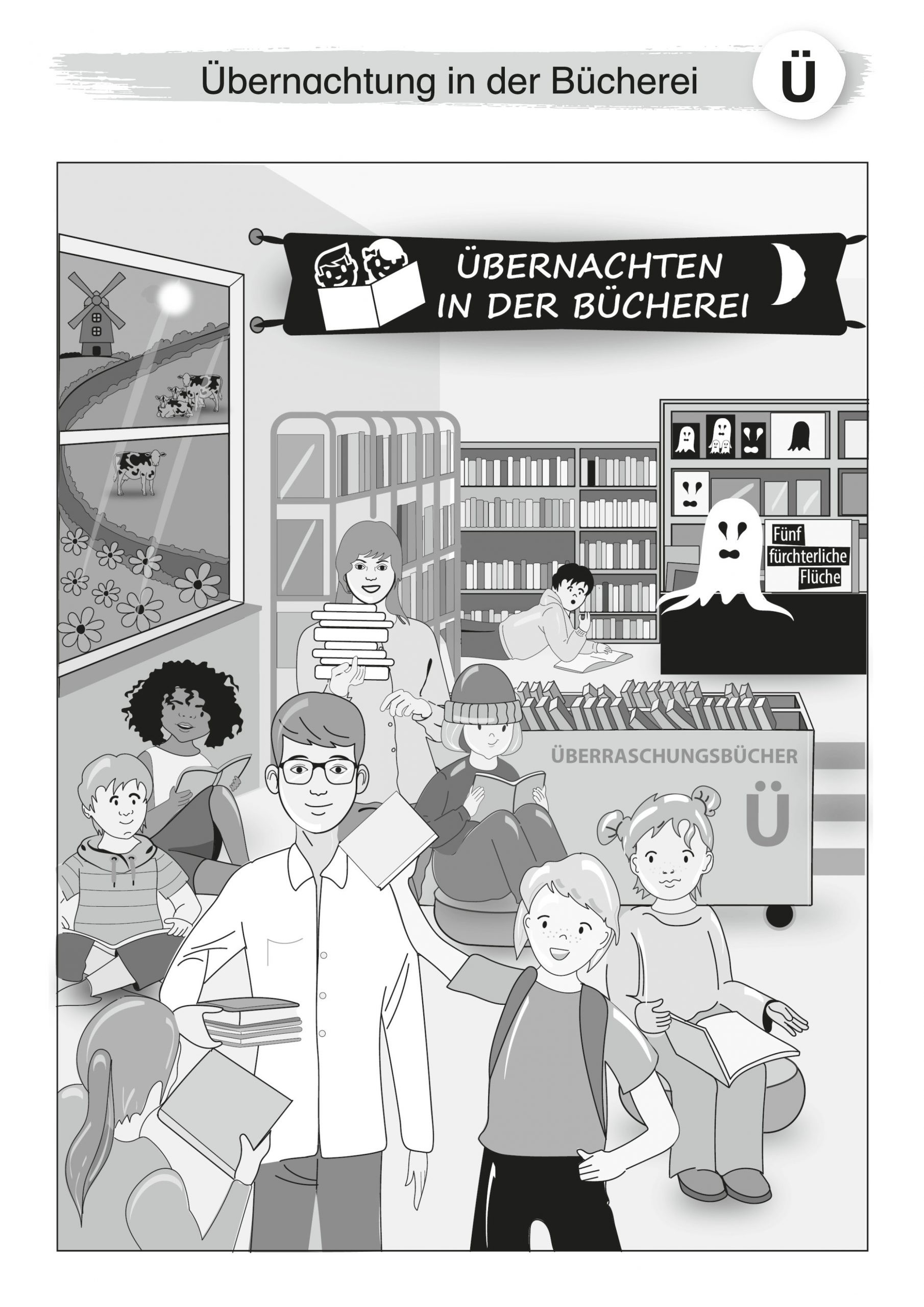 Lernmedien Illustration | Grundschule & Primarstufe: Schülerinnen und Schüler einer Grundschule sind ganz aufgeregt, denn sie übernachten zusammen mit ihrer Deutsch-Lehrerin und ihrem Deutsch-Lehrer für eine Nacht in der Bücherei.