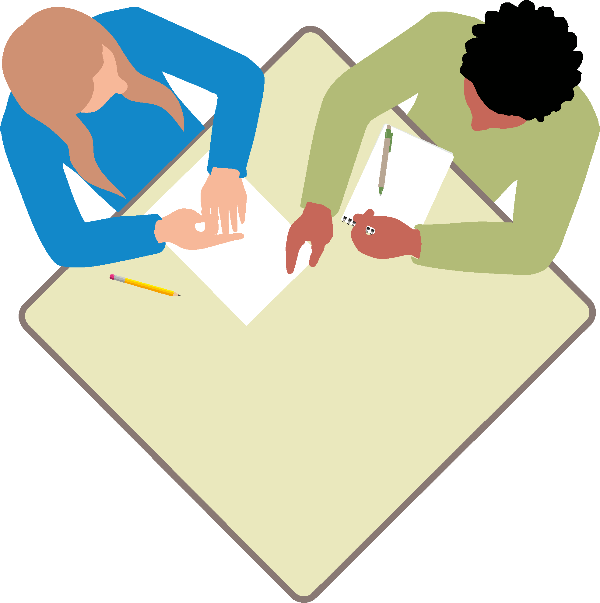 Icons und Symbolgrafiken: Farbiges Icon im Flatdesign für „Partnerarbeit“, mit zwei Schülerinnen, die an einem Tisch zusammenarbeiten