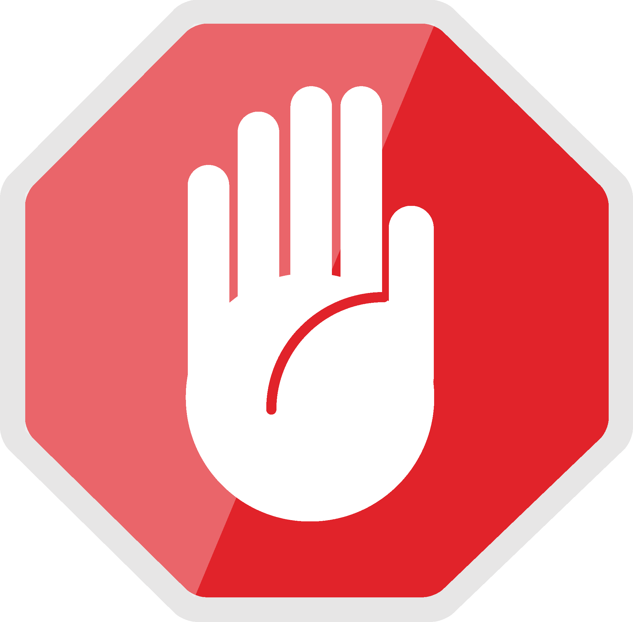 Icons und Symbolgrafiken: Farbiges Icon im Flatdesign für „Stopp“, mit einer blockierenden Handgeste auf 8-eckigem roten Stopp-Schild
