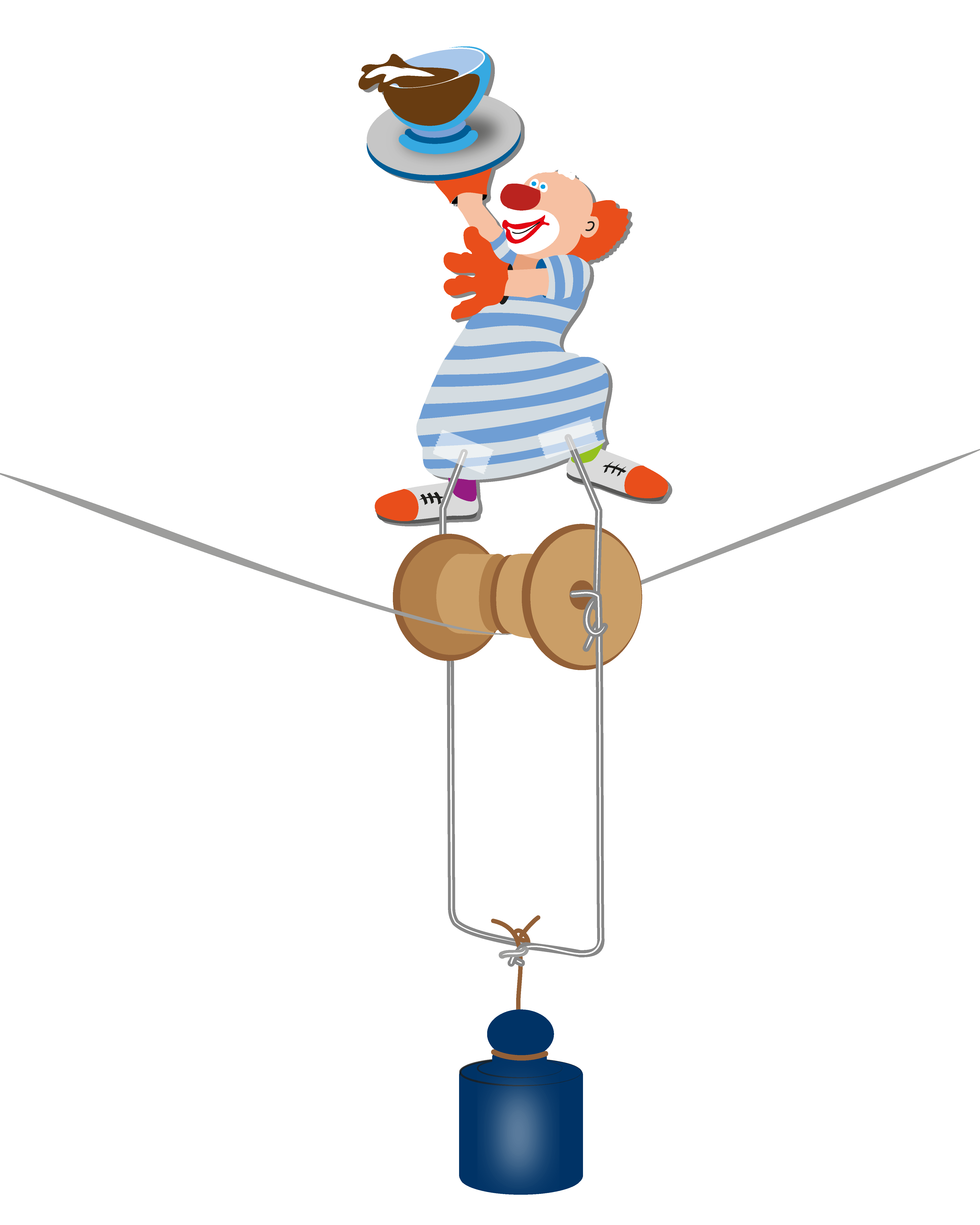 Lernmedien Illustration Sekundarstufe 1 | Physik: Im Physik-Experiment gerät ein mutig balancierende Kellner-Clown auf einem Hochseil dank Stabilisierung durch ein starkes Gegengewicht nie in Schräglage.