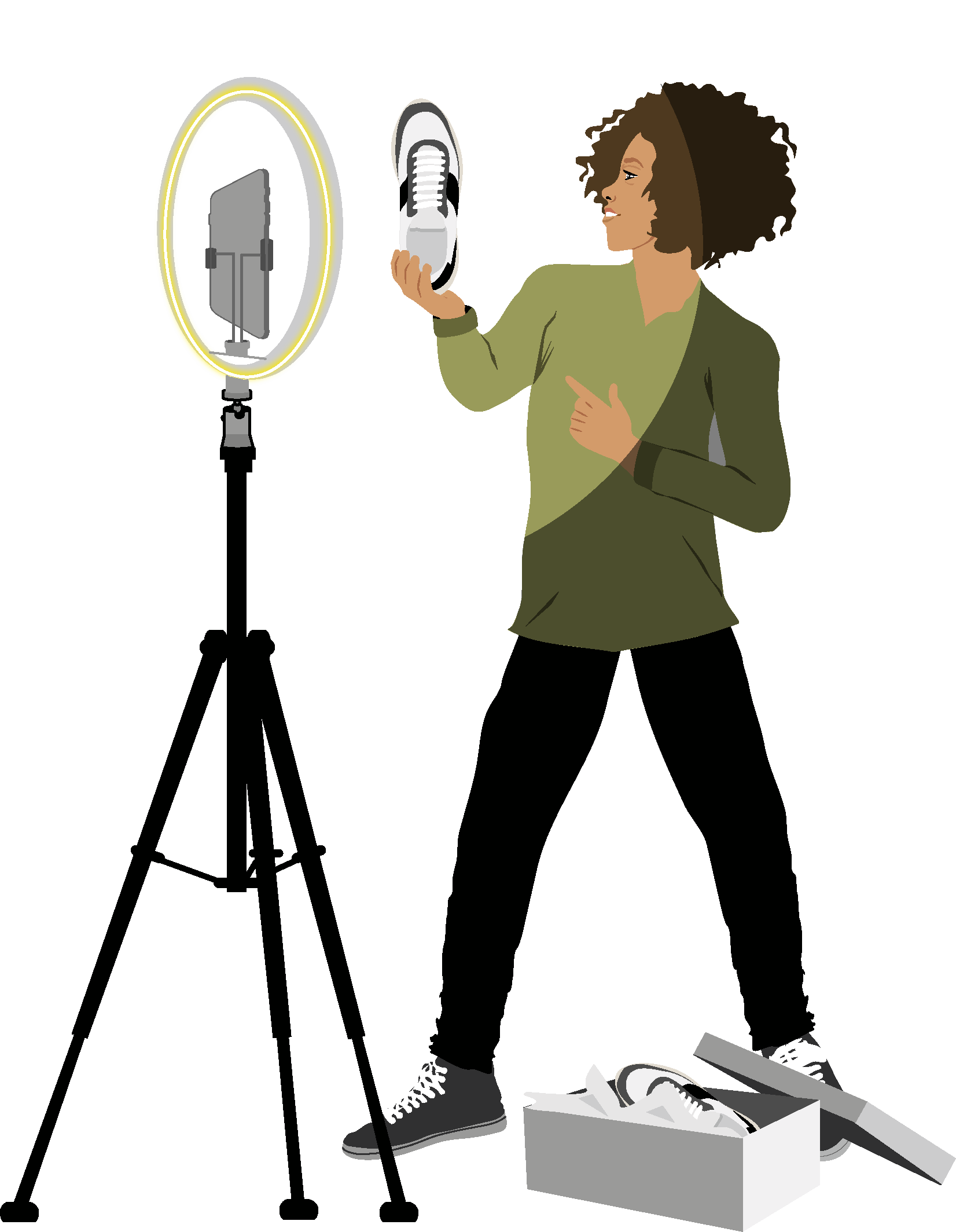 Lernmedien Illustration Sekundarstufe 1 | Socialmedia: Eine Jugendliche stellt im Rollenspiel eine Influencerin dar und hält mit strahlendem Lächeln einen schicken weißgrauen Sportschuh vor ihre, auf einem Stativ mit Ringlicht befestigte Smartphone-Kamera.