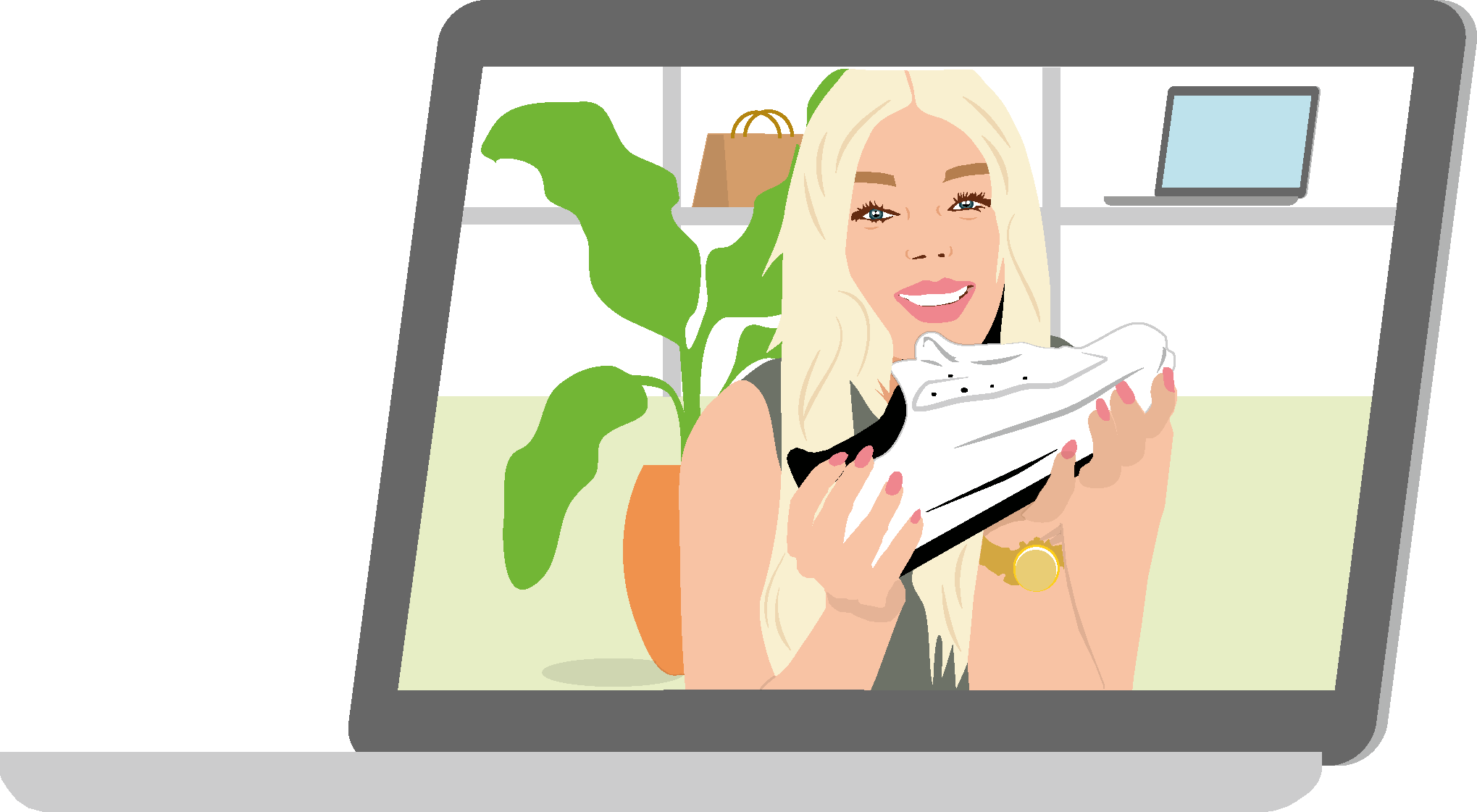 Lernmedien Illustration Sekundarstufe 1 | Socialmedia: Ein aufgeklapptes Laptop-Display zeigt eine junge Influencerin, die lächelnd einen weißen Sneaker in Händen hält vor dem Hintergrund eines privat wirkenden Wohnumfelds