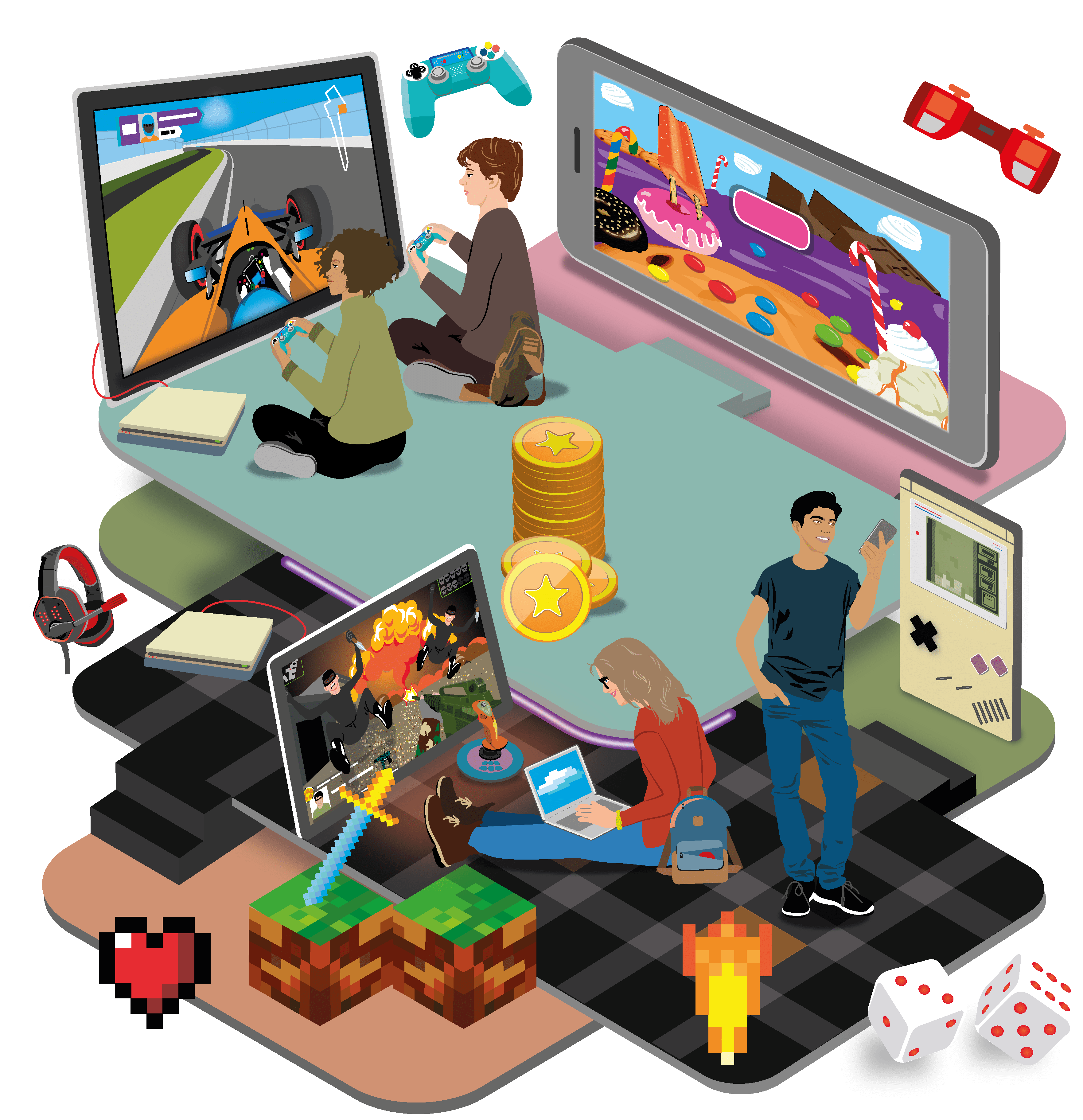 Illustration für Lernmedien aller Bildungsbereiche: Vier Jugendliche nutzen, umgeben von Online-Game-Displays, Controllern, Headsets und Game-Items verschiedene digitale Spielangebote.