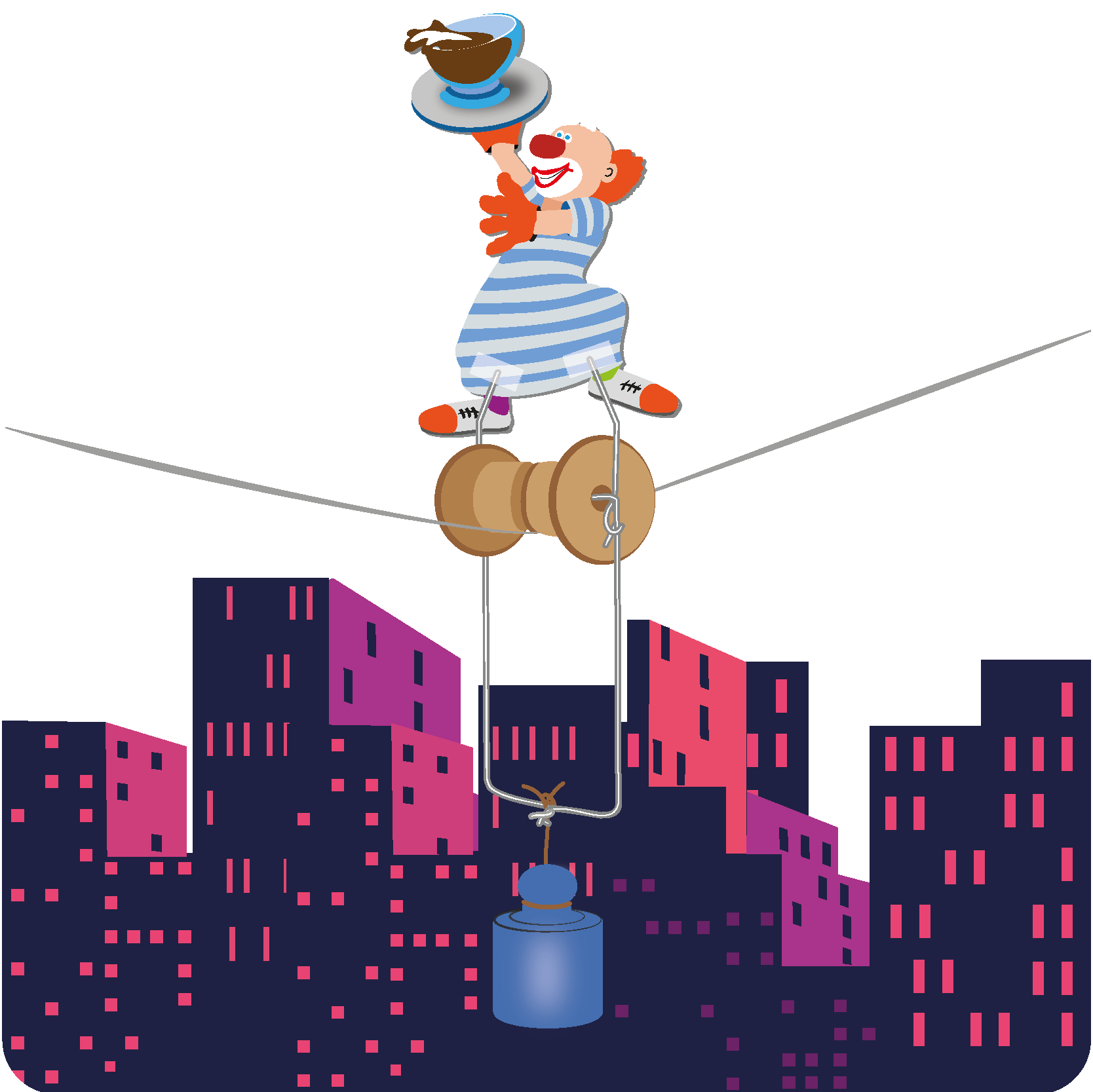 Illustration für Lernmedien aller Bildungsbereiche: Im Physik-Experiment gerät der mutig balancierende Kellner-Clown auf dem Hochseil dank Stabilisierung durch ein starkes Gegengewicht nie in Schräglage.
