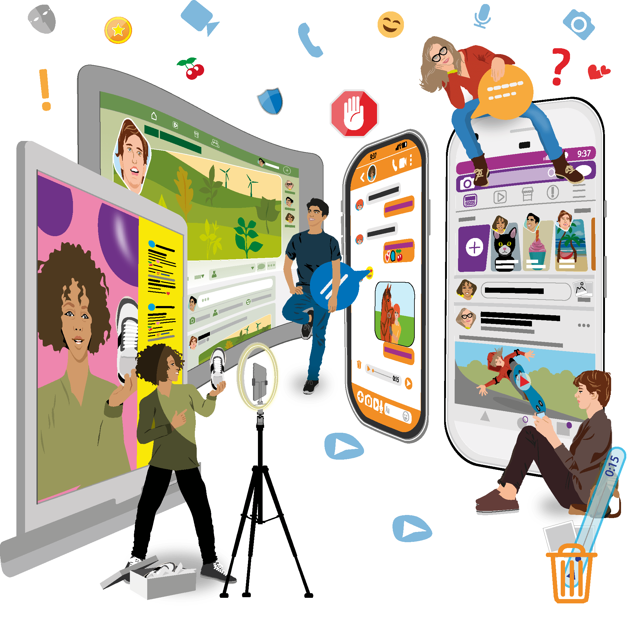 Illustration für Lernmedien aller Bildungsbereiche: Vier Jugendliche nutzen, umgeben von großflächigen Displays, verschiedene Socialmedia-Angebote.