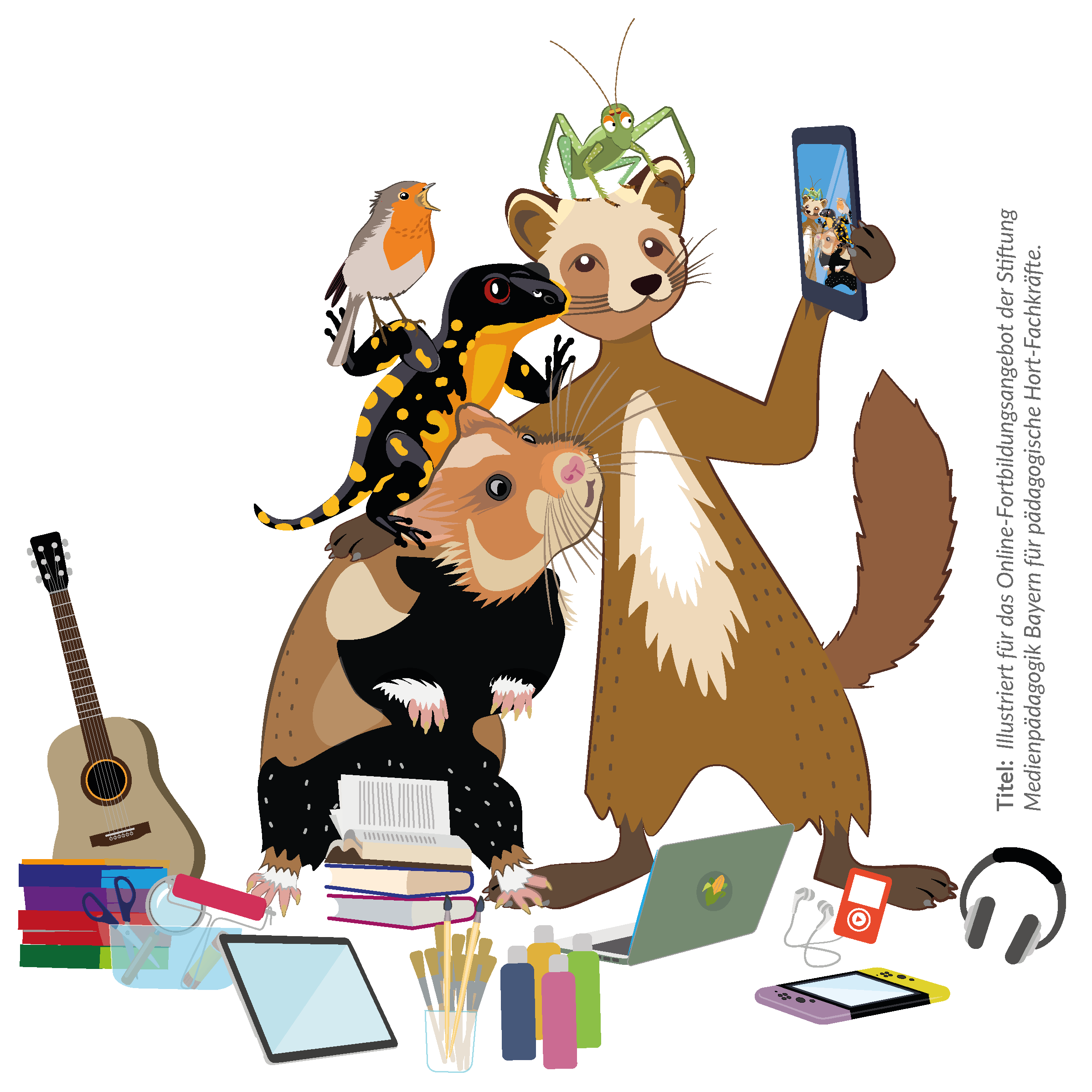 Illustration für Lernmedien aller Bildungsbereiche: Tiercharaktere Marder, Hamster, Salamander, Rotkehlchen & Grille posen für ein Selfie