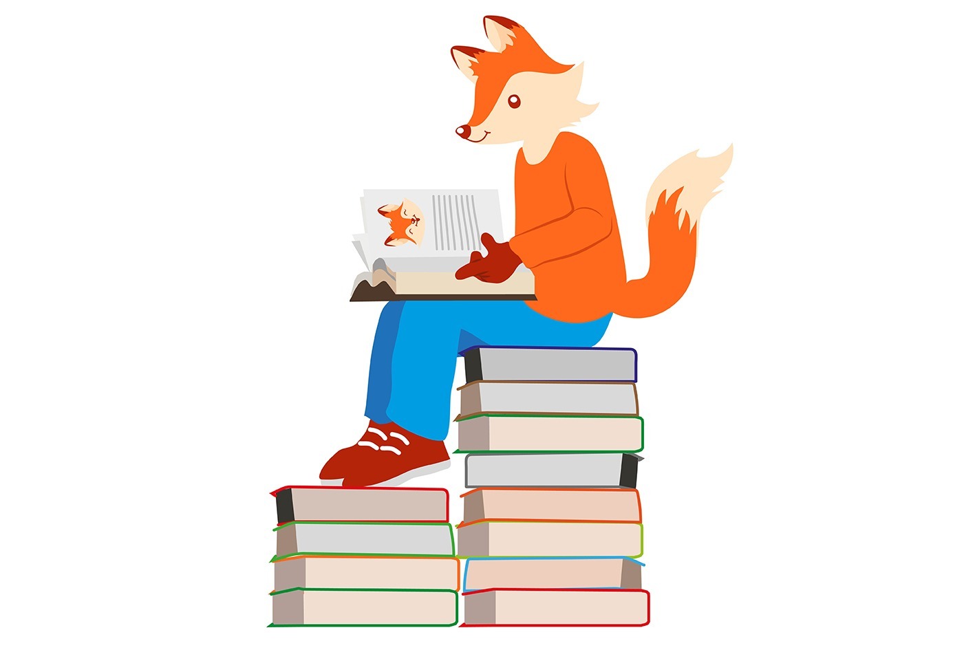 Lernmedien Illustration | Grundschule & Primarstufe: Illustration eines Lese-Fuchs-Tiercharakters, der auf Bücherstapeln sitzt und in einem Buch über Füchse liest.