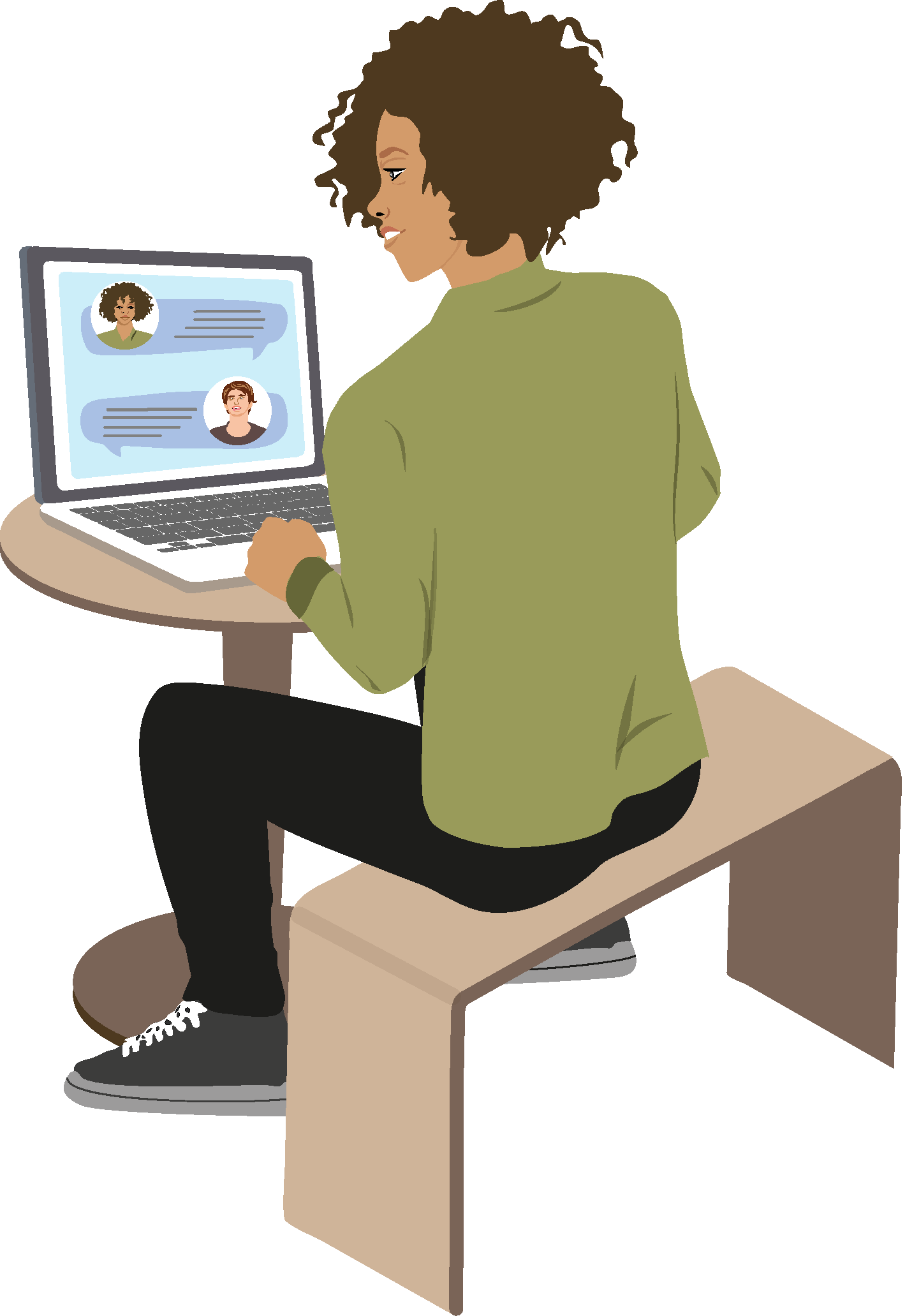 Eine Jugendliche vor aufgeklapptem Laptop-Display sitzt am Tisch chattet mit Freund:innen. Die "Über-die-Schulter-Perspektive" veranschaulicht, dass hinter ihr befindliche Personen durch das so genannte "Schultersurfen" einen freien Blick auf ihre vertraulichen Daten haben