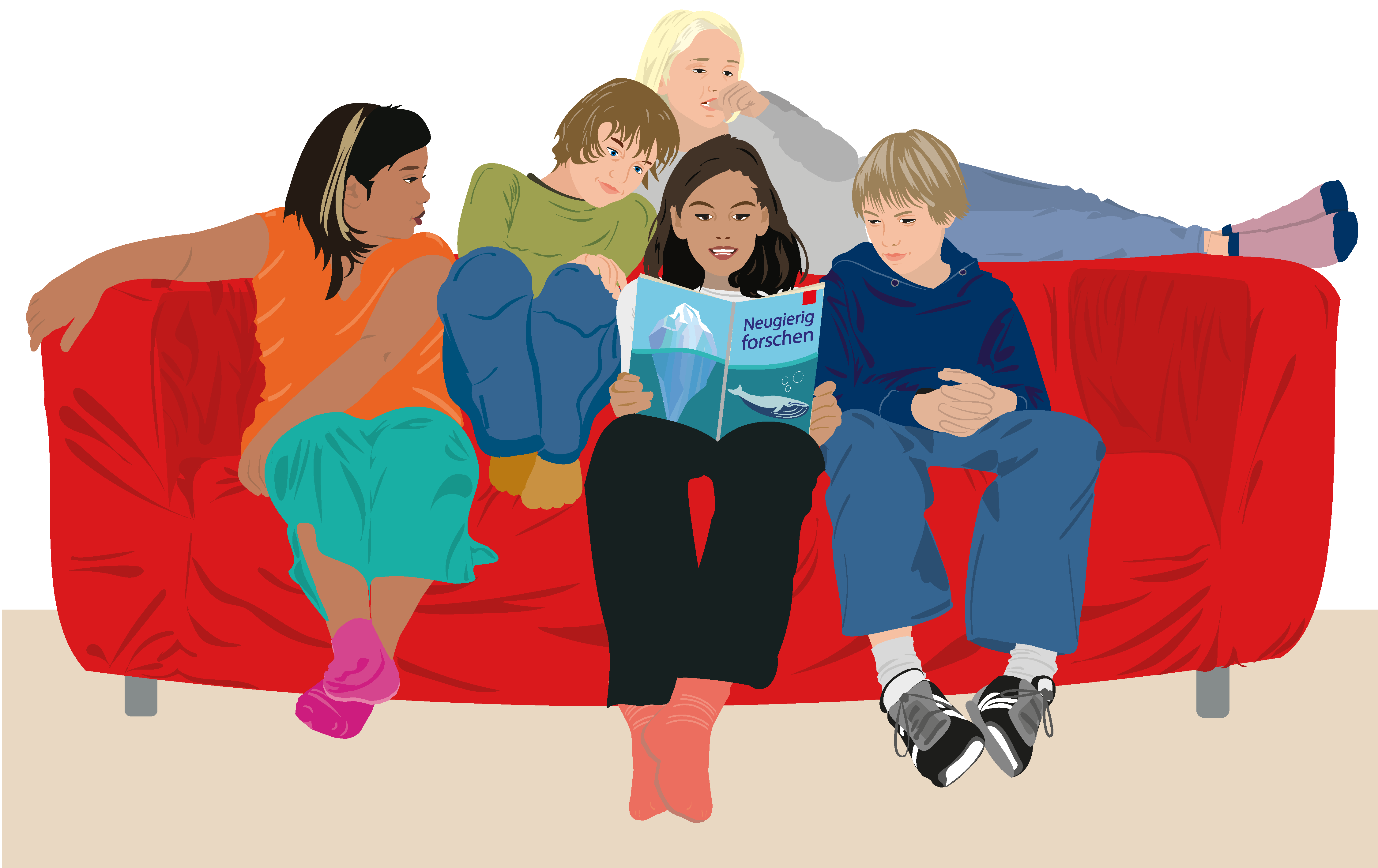 Lernmedien Illustration | Grundschule & Primarstufe: Auf einem roten Sofa in der Leseecke im Klassenzimmer sehen sich fünf Grundschüler*innen gemeinsam ein Buch über Forschung in der Arktis an.