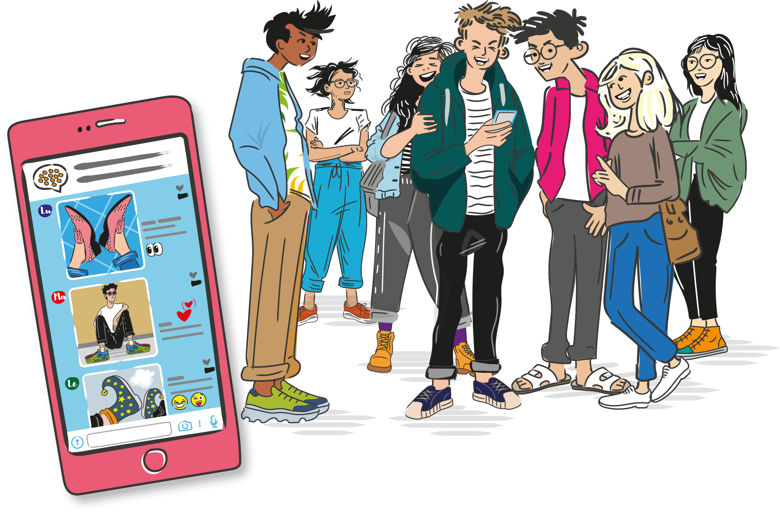 Lernmedien-Illustration_Medienpädagogische- Elternarbeit_Medien-und-Gesundheit_Digital-nudging/Dark patterns: Mädchen im Strudel, der vom Smartphone ausgeht