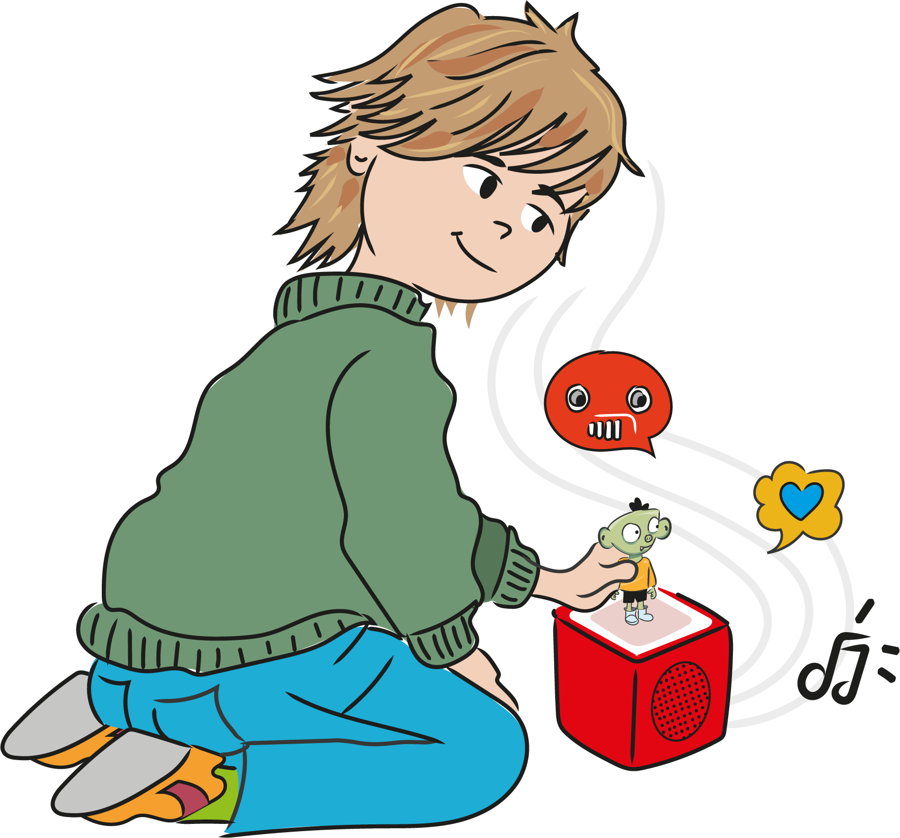 Lernmedien-Illustration_Medienpädagogische- Elternarbeit_Medien-und-Gesundheit: Über einem von Nachrichten überforderten Kind, schwebt eine aus Bildern von Krieg, Flucht, Überschwemmung, Erderwärmung, Waldbrand und Virusgefahr gestaltete Gedankenblase
