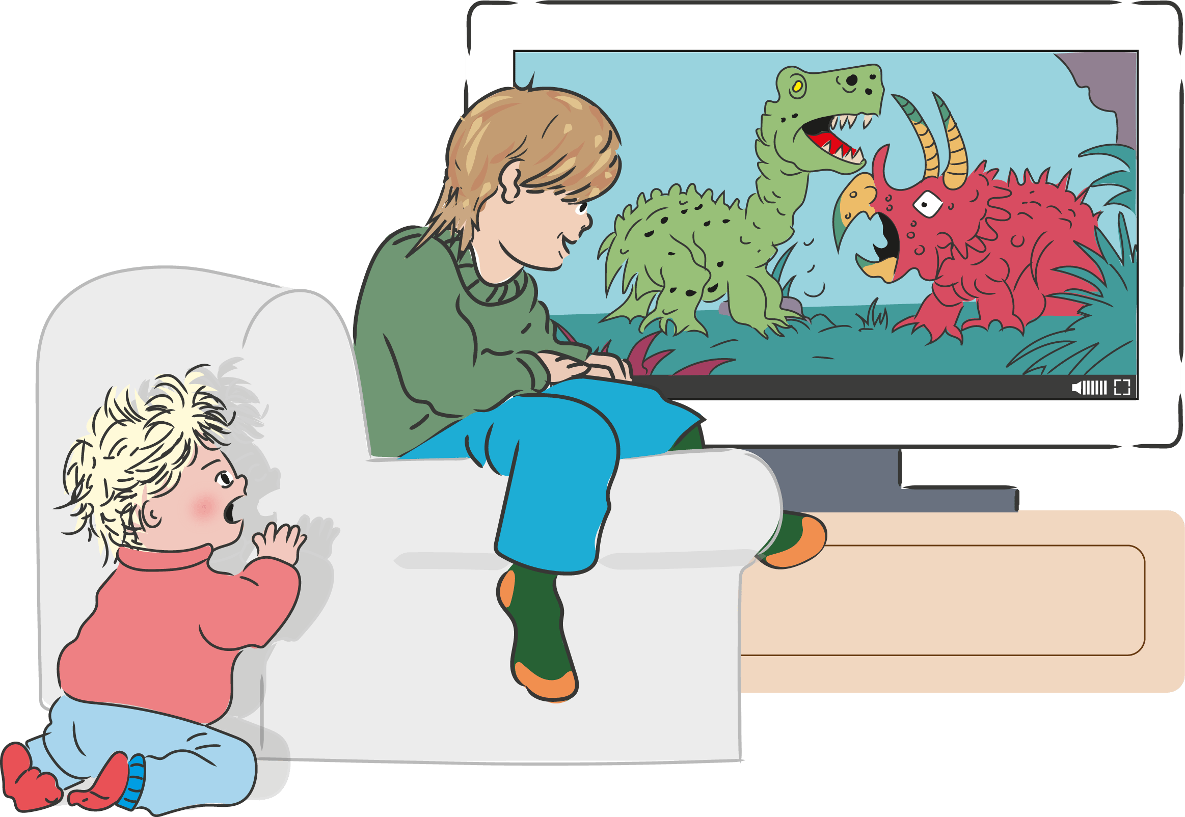 Lernmedien-Illustration_Medienpädagogische- Elternarbeit_Medien-und-Gesundheit: Über einem von Nachrichten überforderten Kind, schwebt eine aus Bildern von Krieg, Flucht, Überschwemmung, Erderwärmung, Waldbrand und Virusgefahr gestaltete Gedankenblase
