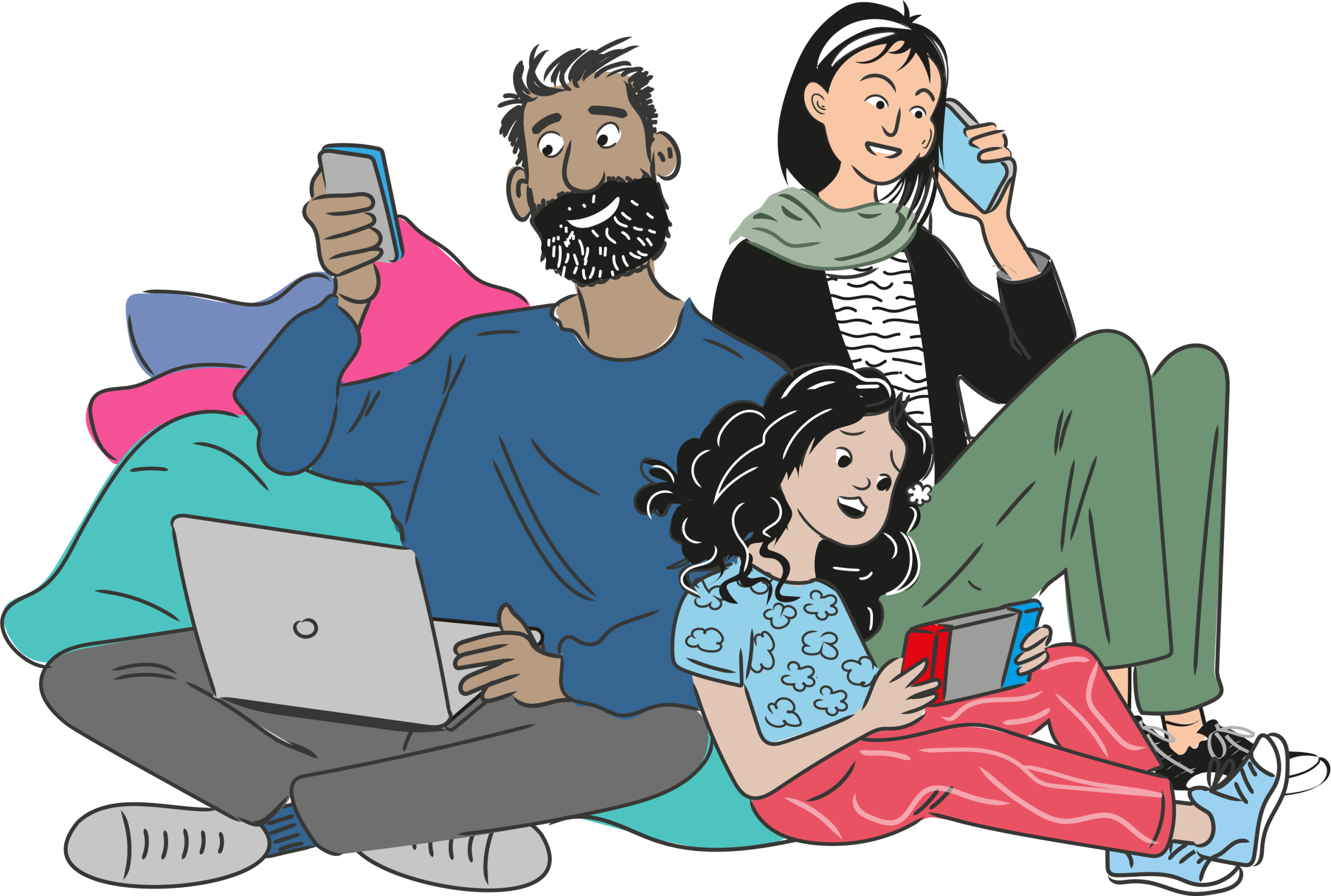 Lernmedien-Illustration_Medienpädagogische- Elternarbeit_Medien-und-Gesundheit: Über einem von Nachrichten überforderten Kind, schwebt eine aus Bildern von Krieg, Flucht, Überschwemmung, Erderwärmung, Waldbrand und Virusgefahr gestaltete Gedankenblase
